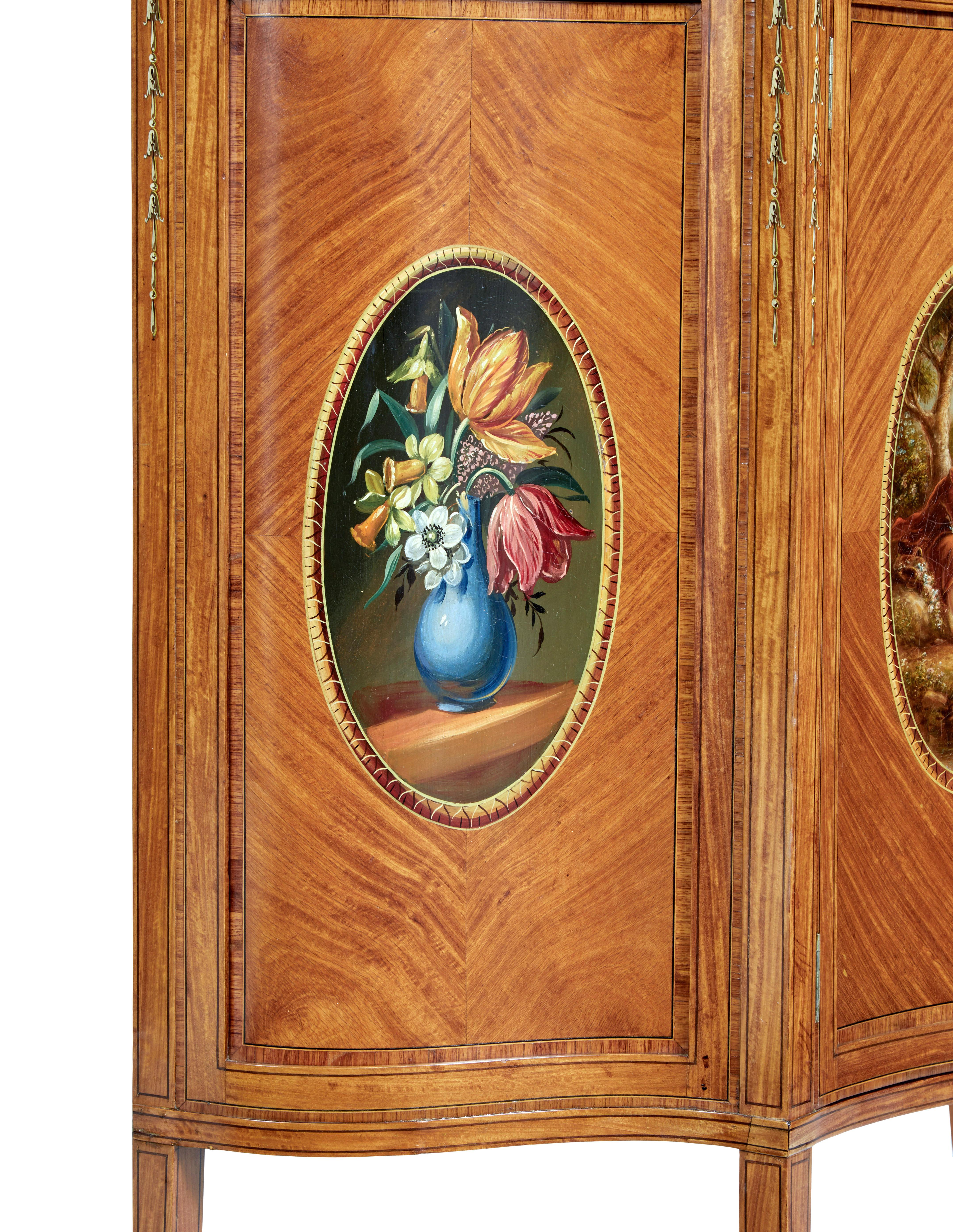 19th century sheraton revival satinwood inlaid and painted cabinet In Good Condition For Sale In Debenham, Suffolk
