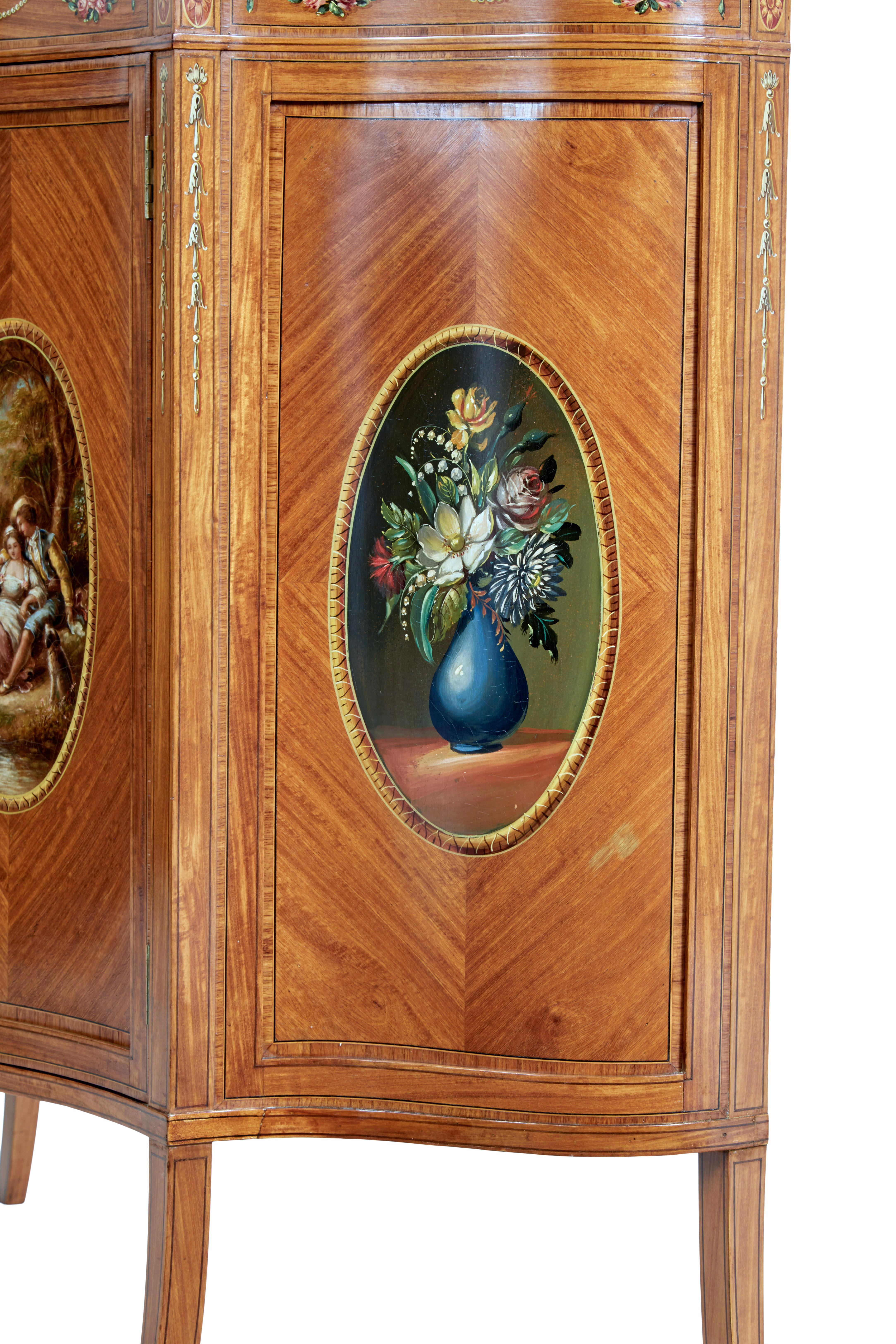 19th Century 19th century sheraton revival satinwood inlaid and painted cabinet For Sale