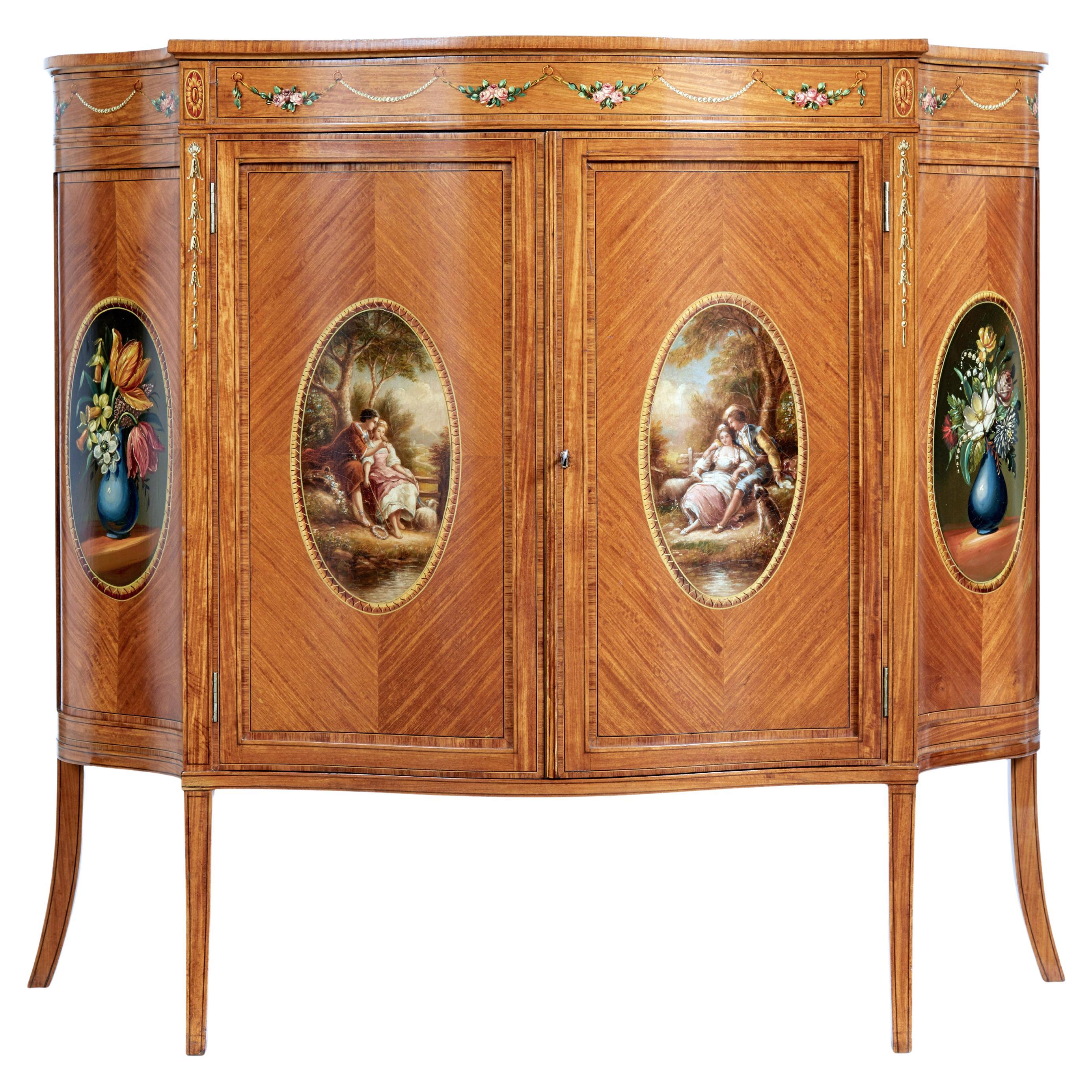 19th century sheraton revival satinwood inlaid and painted cabinet For Sale