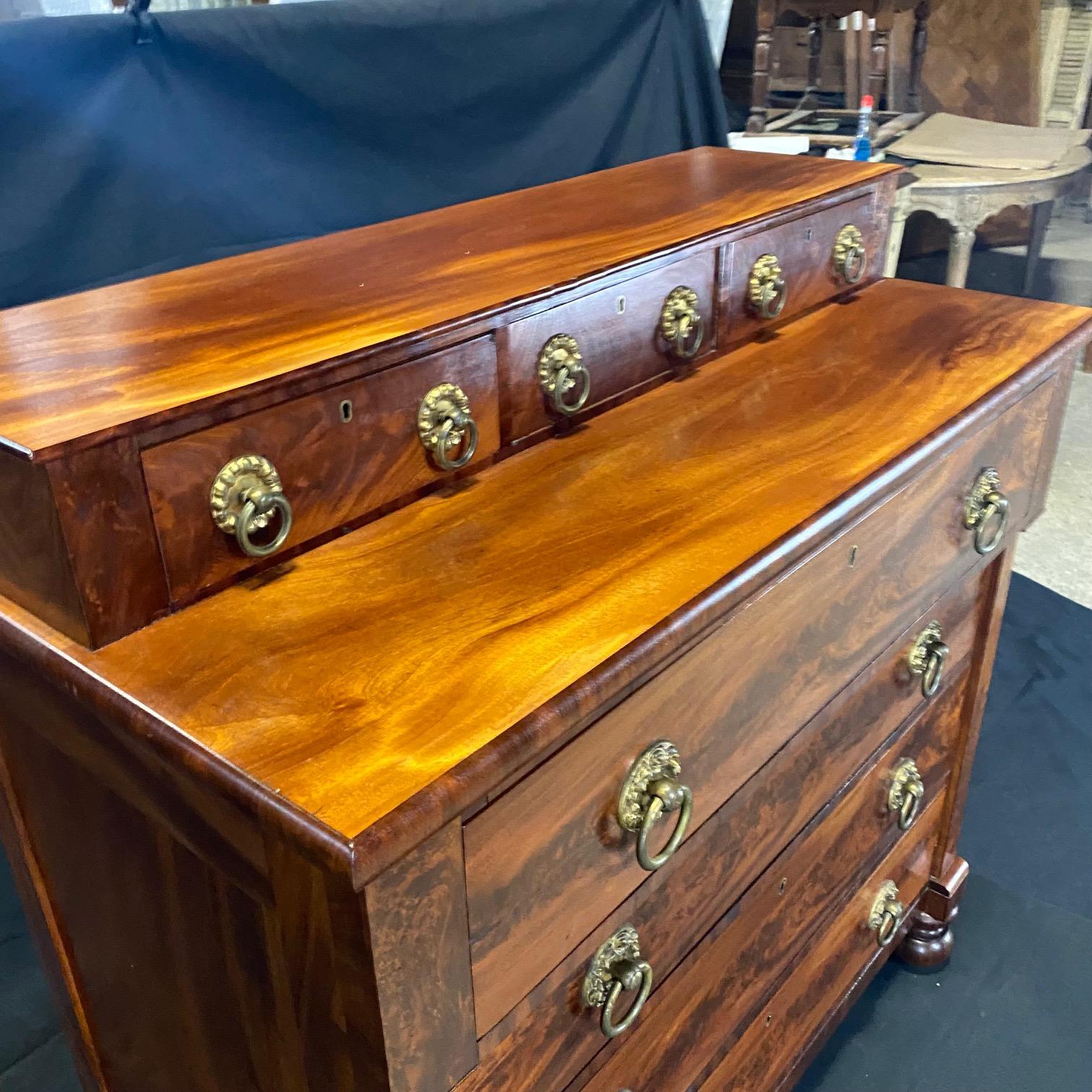 19th Century Sheraton Step Back Burled Mahogany Seven Drawer Chest of Drawers For Sale 5