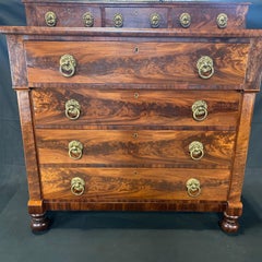 19th Century Sheraton Step Back Burled Mahogany Seven Drawer Chest of Drawers