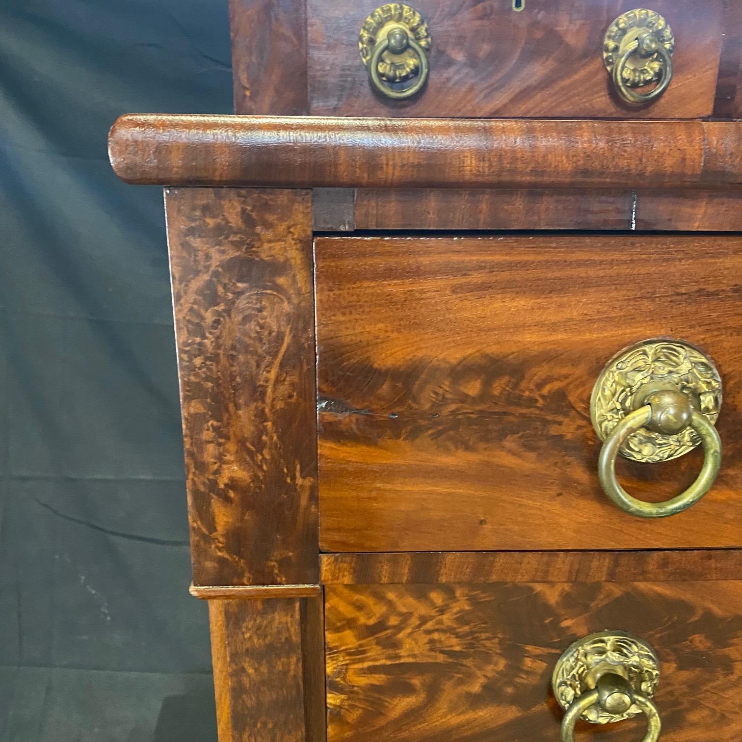 American 19th Century Sheraton Step Back Burled Mahogany Seven Drawer Chest of Drawers For Sale