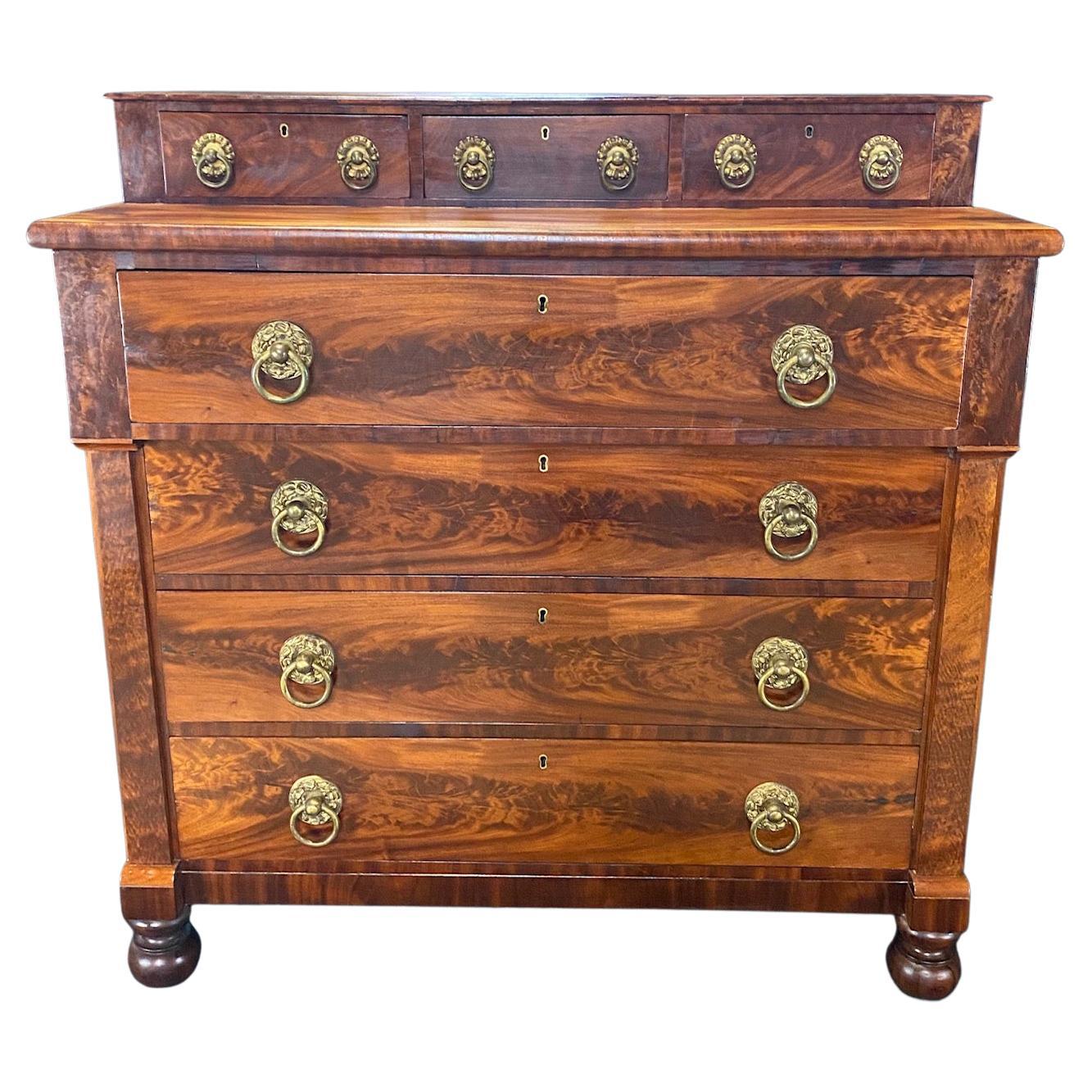 19th Century Sheraton Step Back Burled Mahogany Seven Drawer Chest of Drawers For Sale