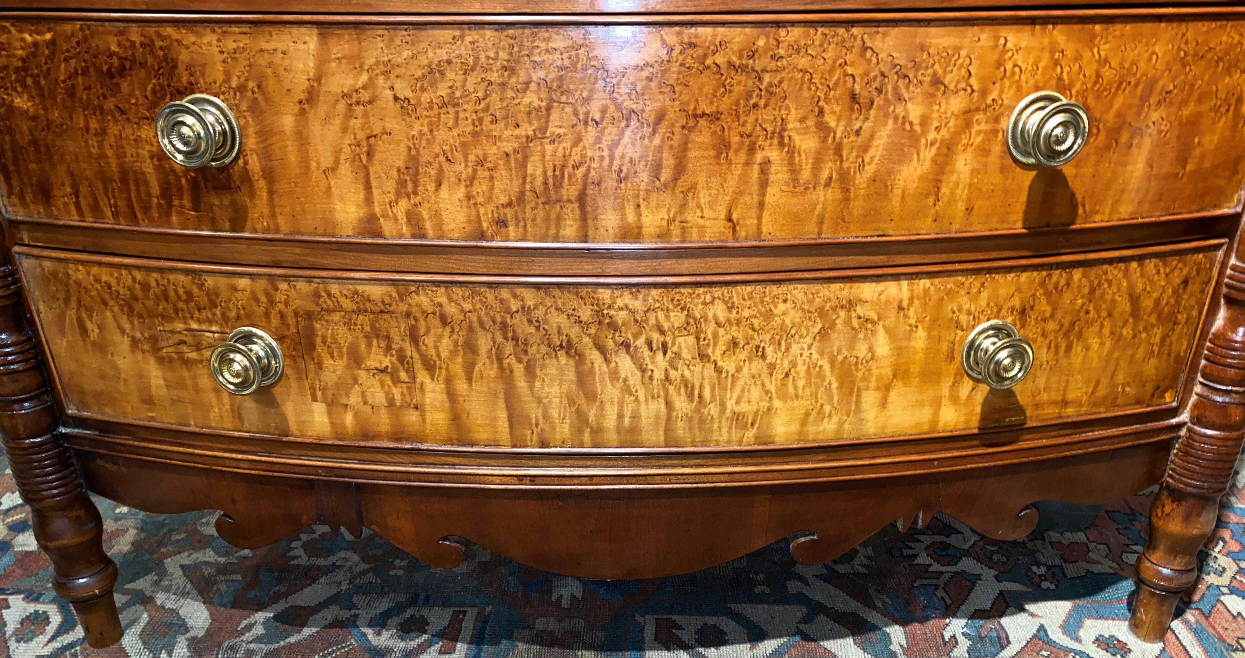 American Sheraton Swell Front Cherrywood and Bird's-Eye Maple Four-Drawer Chest