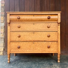 19th Century Sheraton Tiger Maple + Cherry Highboy Chest of Drawers