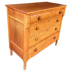 Antique 19th Century Sheraton Tiger Maple + Cherry Highboy Chest of Drawers