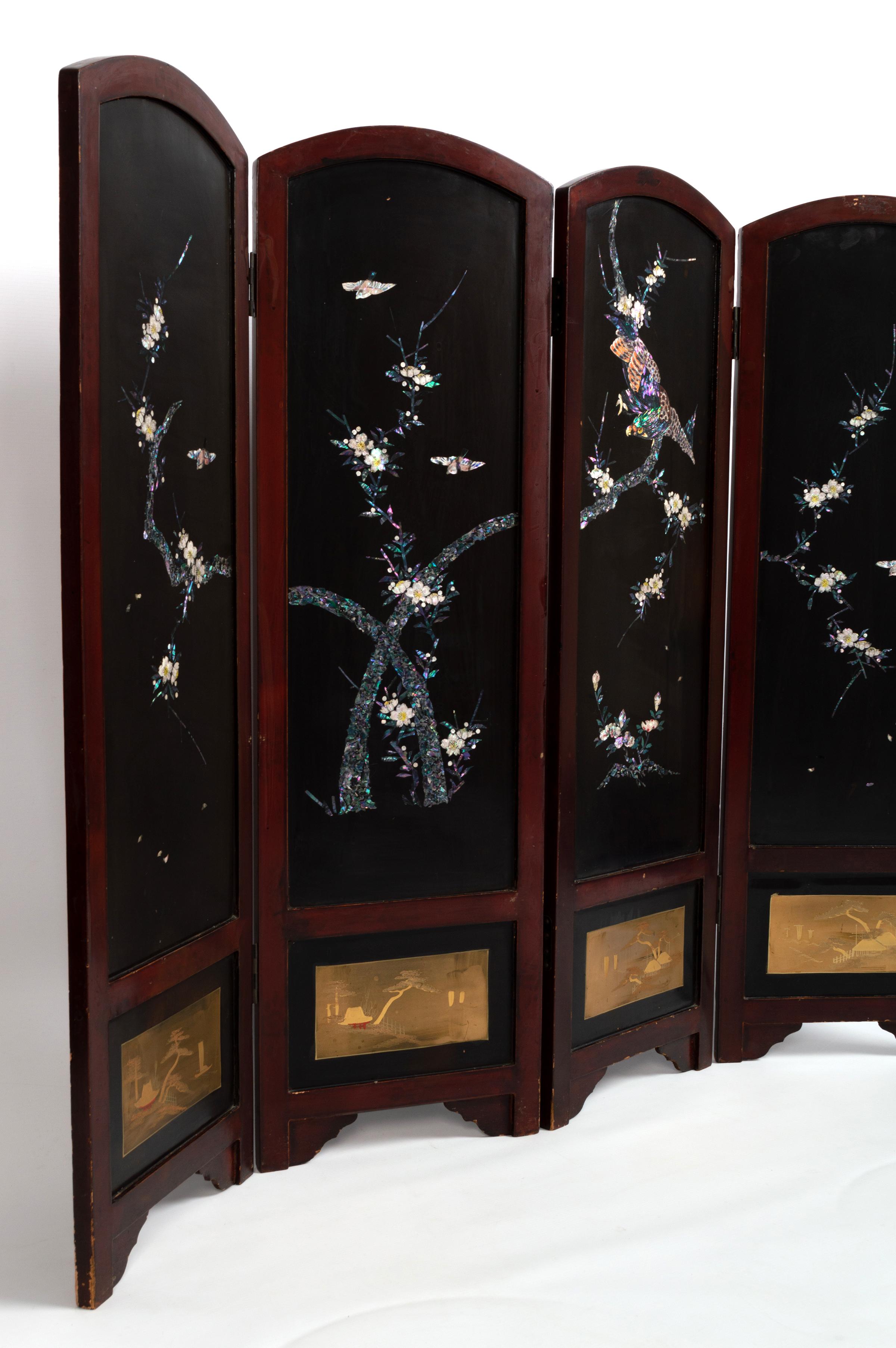 19th century Shibayama four Panel screen Meiji Period Japan C.1880

Mother of pearl inlay in black lacquer depicting a bird in relief with cherry blossom. The lower section with gilt panels, and the reverse red lacquer with tree silhouettes.