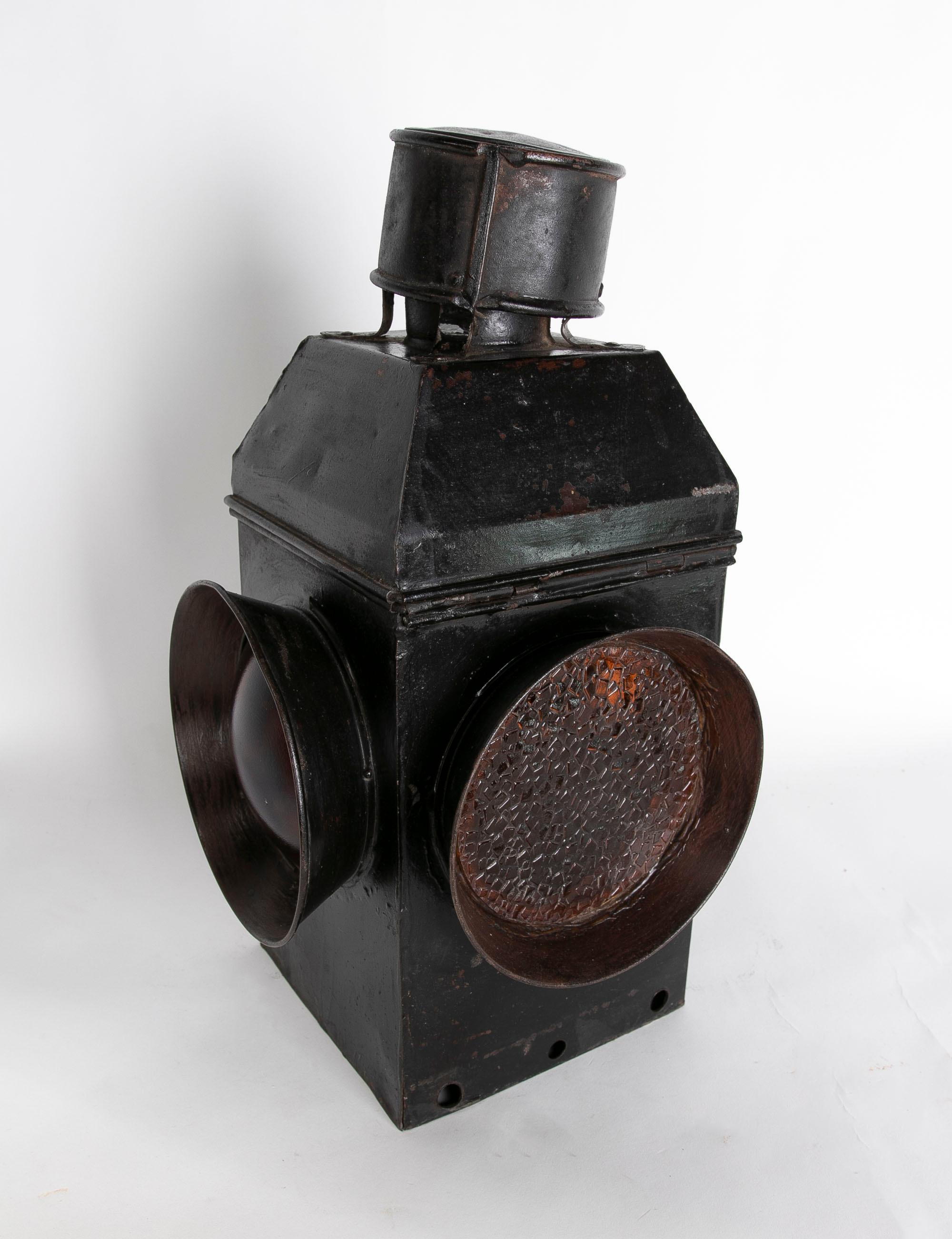 Spanish 19th Century Ship's Lantern in Black Painted Iron and Corrugated Glass For Sale