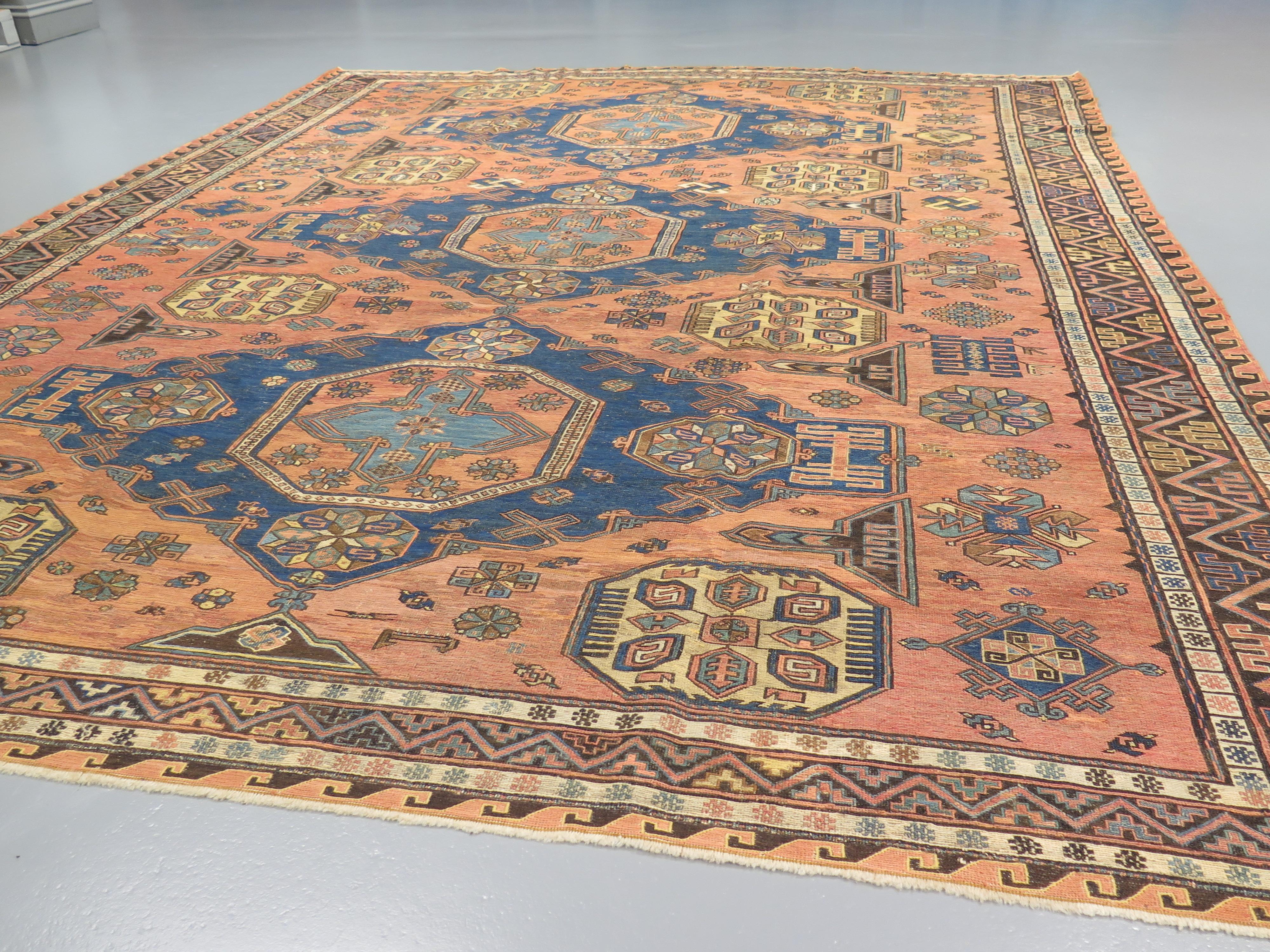 Antique Soumac flatweaves from the Caucasus are exceptionally durable: stronger and longer lasting than a kilim rug. These pieces are extraordinarily finely woven, showcasing richly detailed motifs, borrowed from ancient tribal symbols native to the