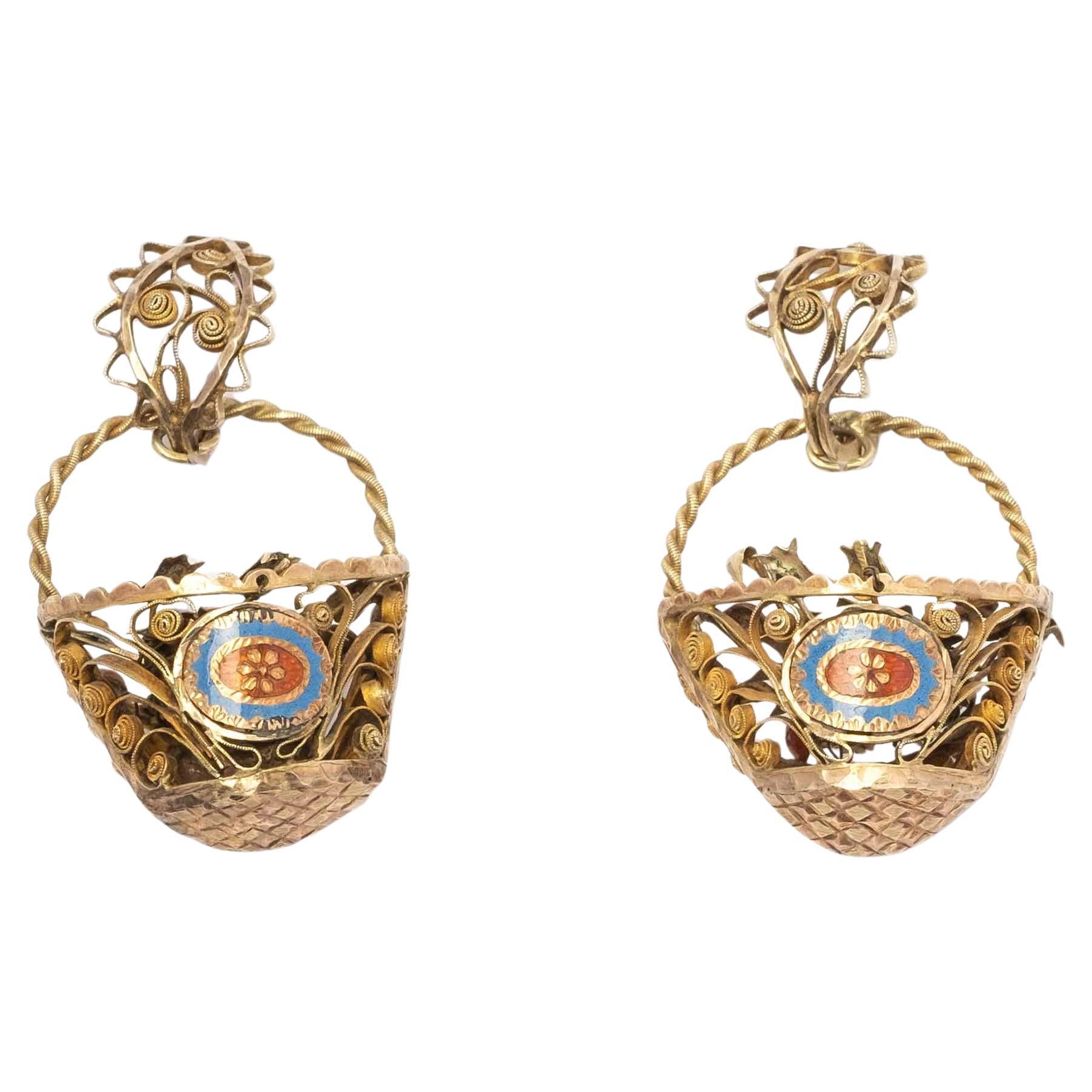 Orecchini siciliani del XIX secolo in oro 12 carati e smalto - Design/One floreale in vendita