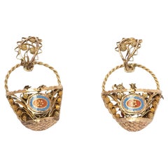 Antique 19th Century Sicilian Earrings in 12kt Gold and Enamel – Floral Basket Design