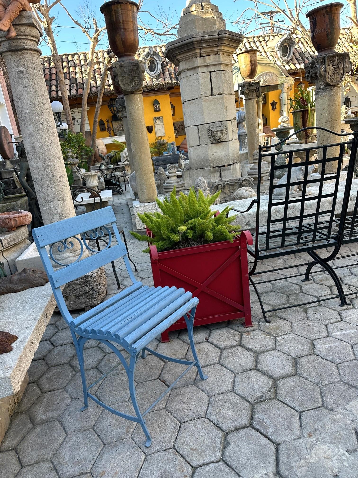 19th Century Side Handmade Garden Table Chairs Furniture Iron & Wood Antique, LA . Beautiful late 1800’s side garden patio Iron Metal  and carved wood chairs with old paint furniture , from the Hippodrome horse racing track located in Paris , France