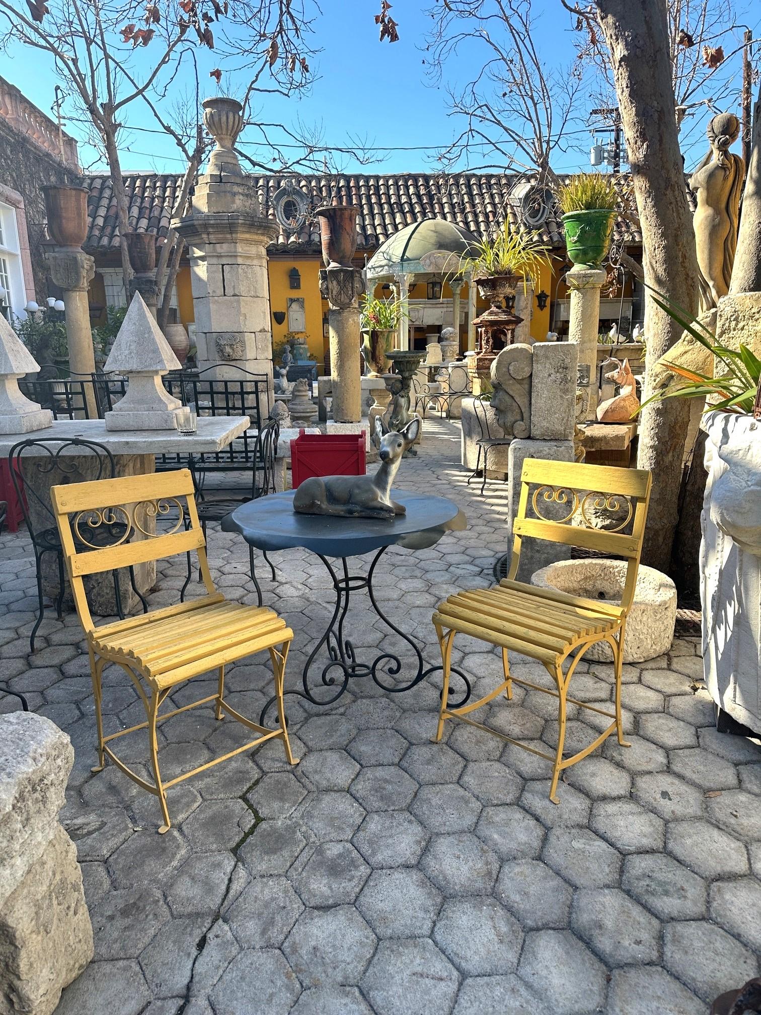 19th Century Side Handmade Garden Table Chairs Furniture Iron & Wood Antique, LA . Beautiful late 1800’s side garden patio Iron Metal  and carved wood chairs with old paint furniture , from the Hippodrome horse racing track located in Paris , France