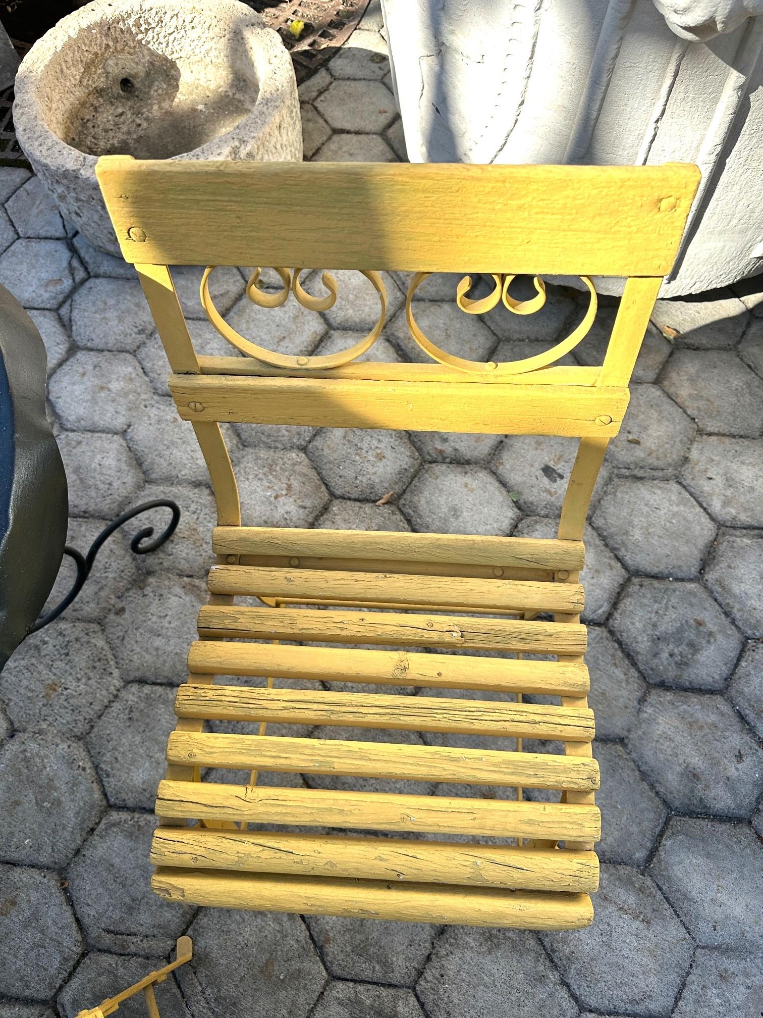 French 19th Century Side Handmade Garden Table Chairs Furniture Iron & Wood Antique, LA For Sale