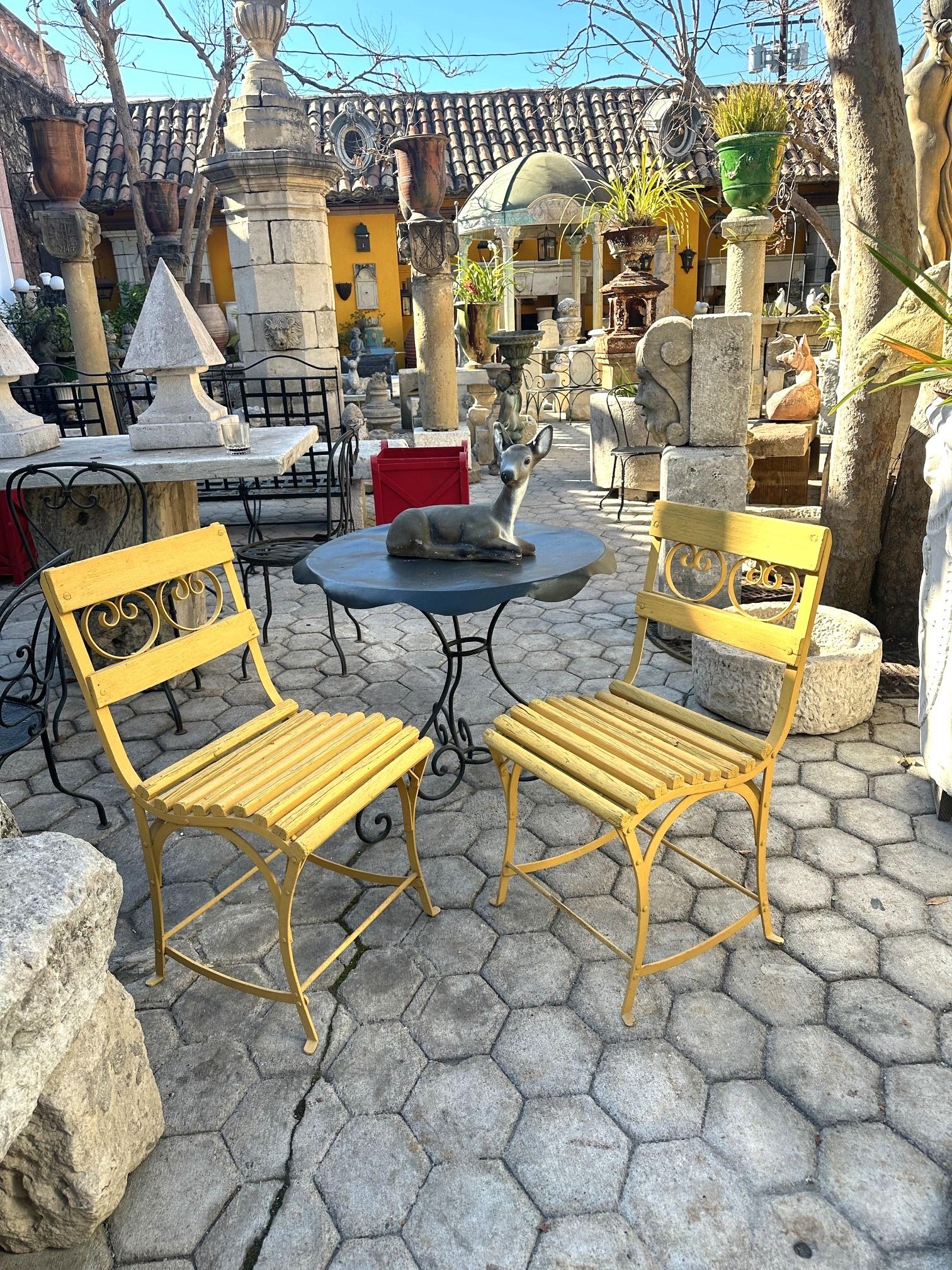 Hand-Crafted 19th Century Side Handmade Garden Table Chairs Furniture Iron & Wood Antique, LA For Sale