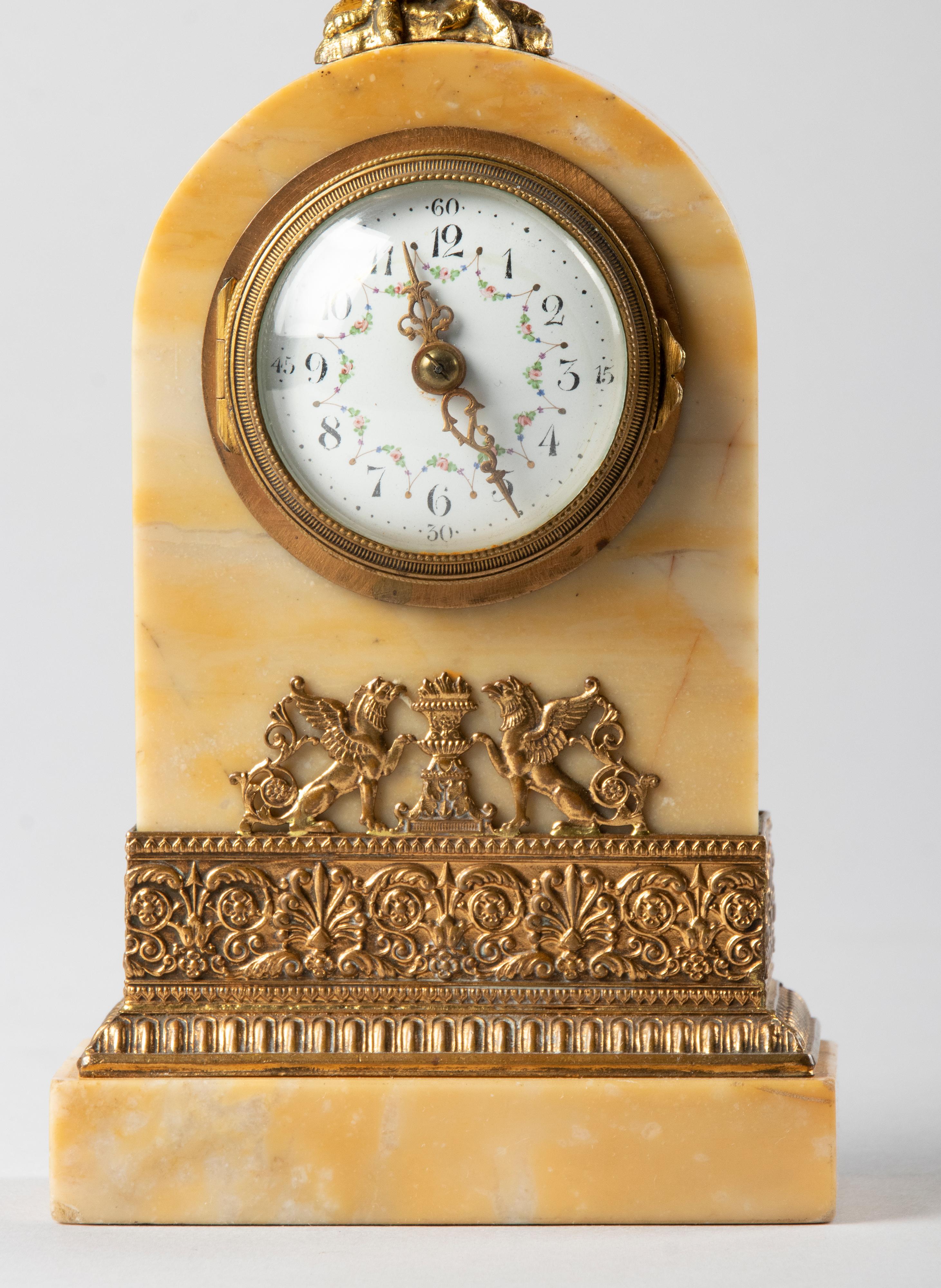 French 19th Century Siena Marble Empire Style Desk or Travel Clock