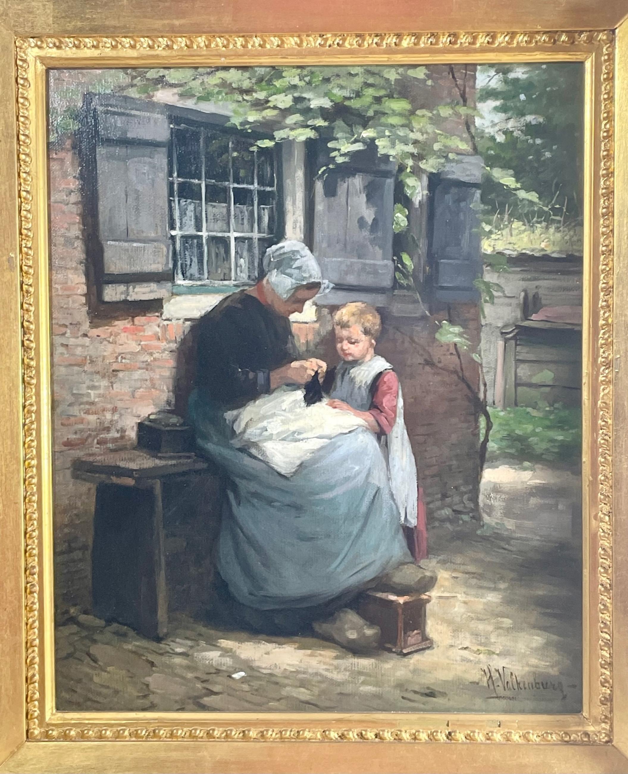 19th Century signed Dutch Master painting oil on canvas of mother and child.

This wonderful piece is visually stunning. The artist uses traditional Academic Realism to create this portrait of motherhood. He is evoking a narrative through the