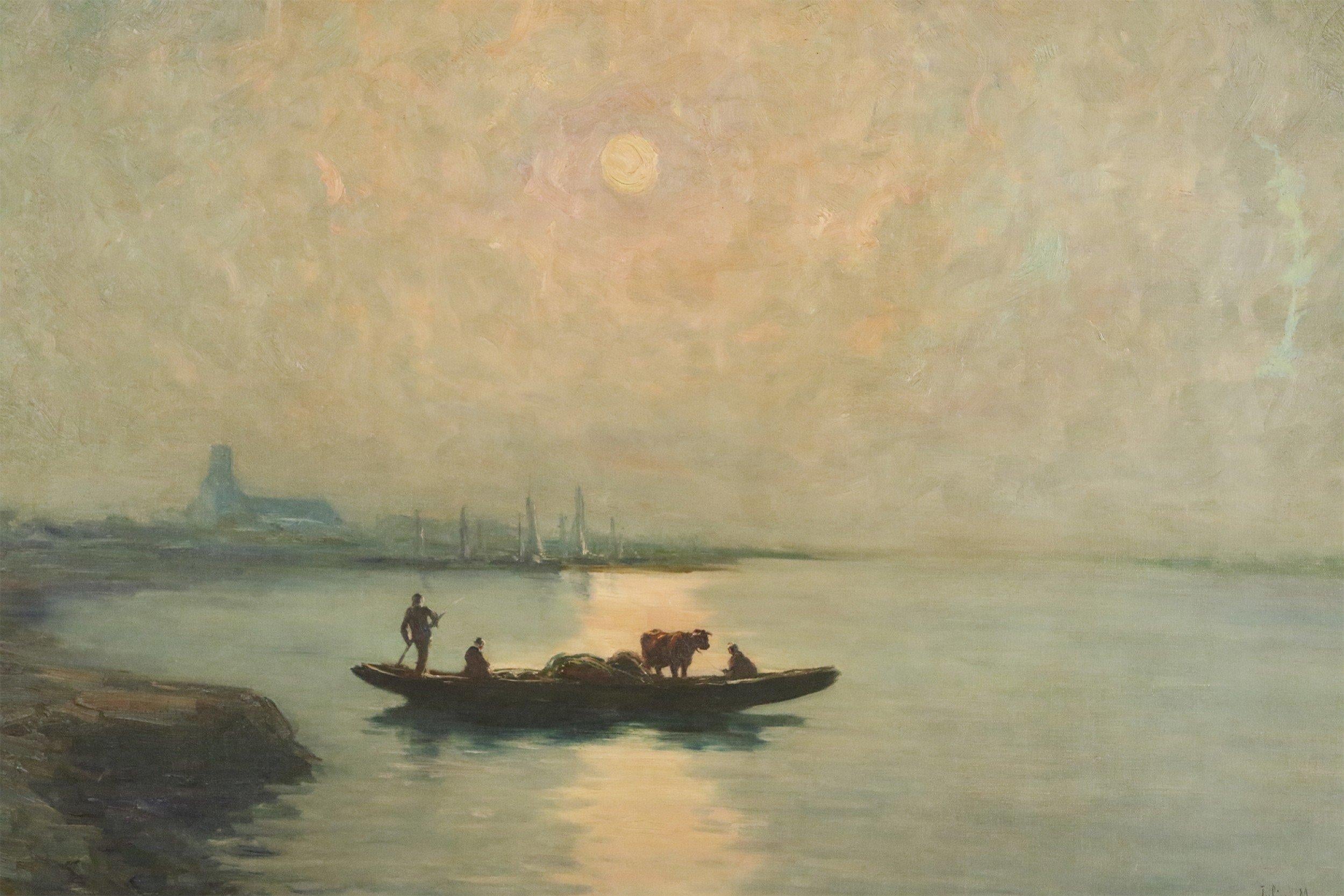 French (19th Century) oil painting of a boat with figures and a cow and a distant town on the horizon on canvas in a carved rectangular gold wooden frame. (signed: JULIAN MOREAUX).