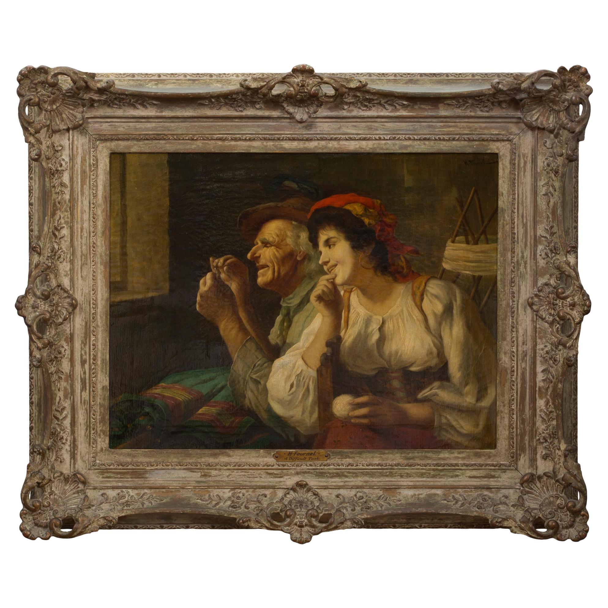 19th Century Signed H. Fournel Oil on Canvas Titled ‘A Difficult Task’ For Sale
