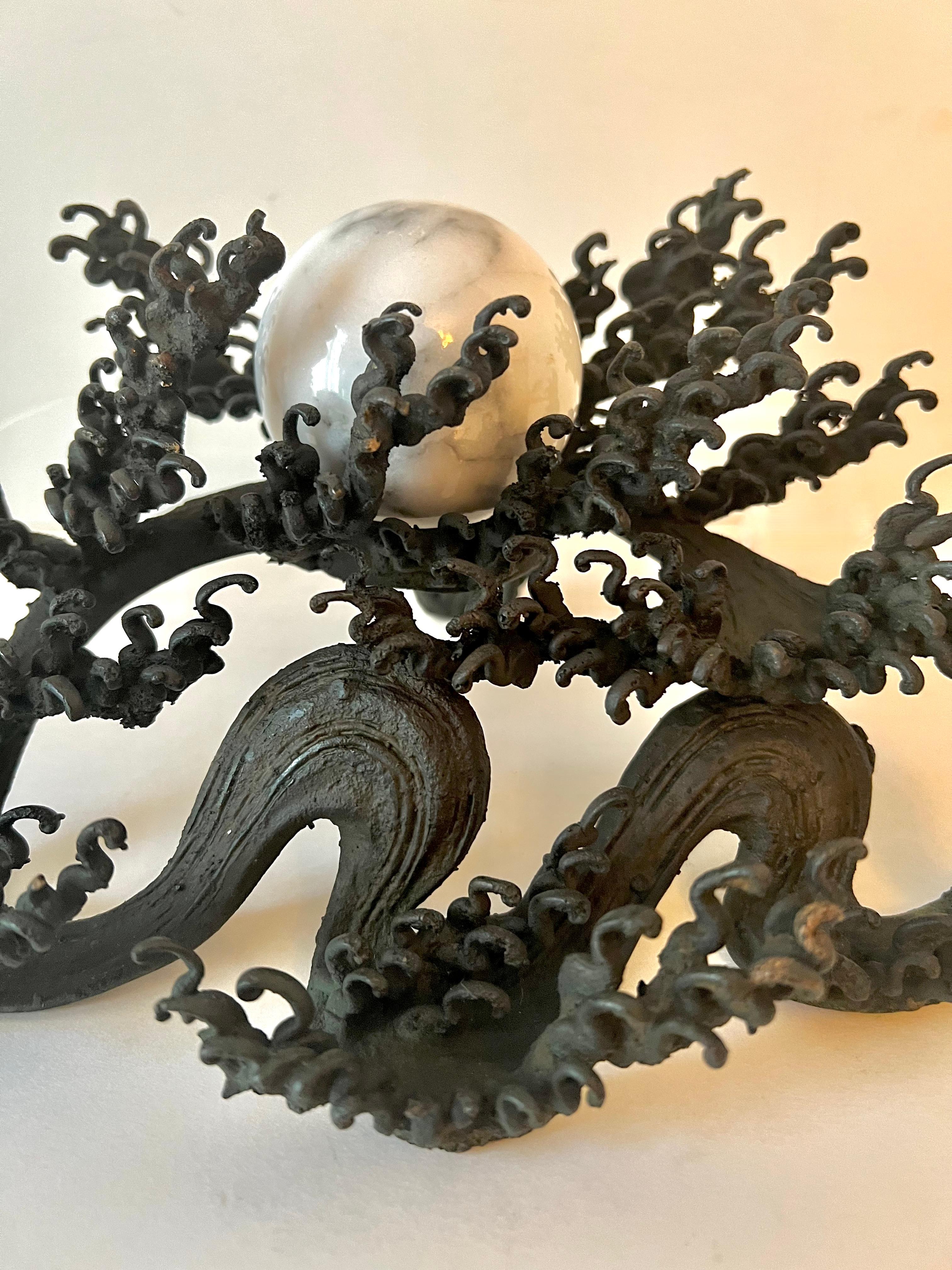 19th Century Signed Japanese Meiji Bronze Wave with Carrera Marble Sphere For Sale 6