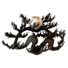 19th Century Signed Japanese Meiji Bronze Wave with Carrera Marble Sphere