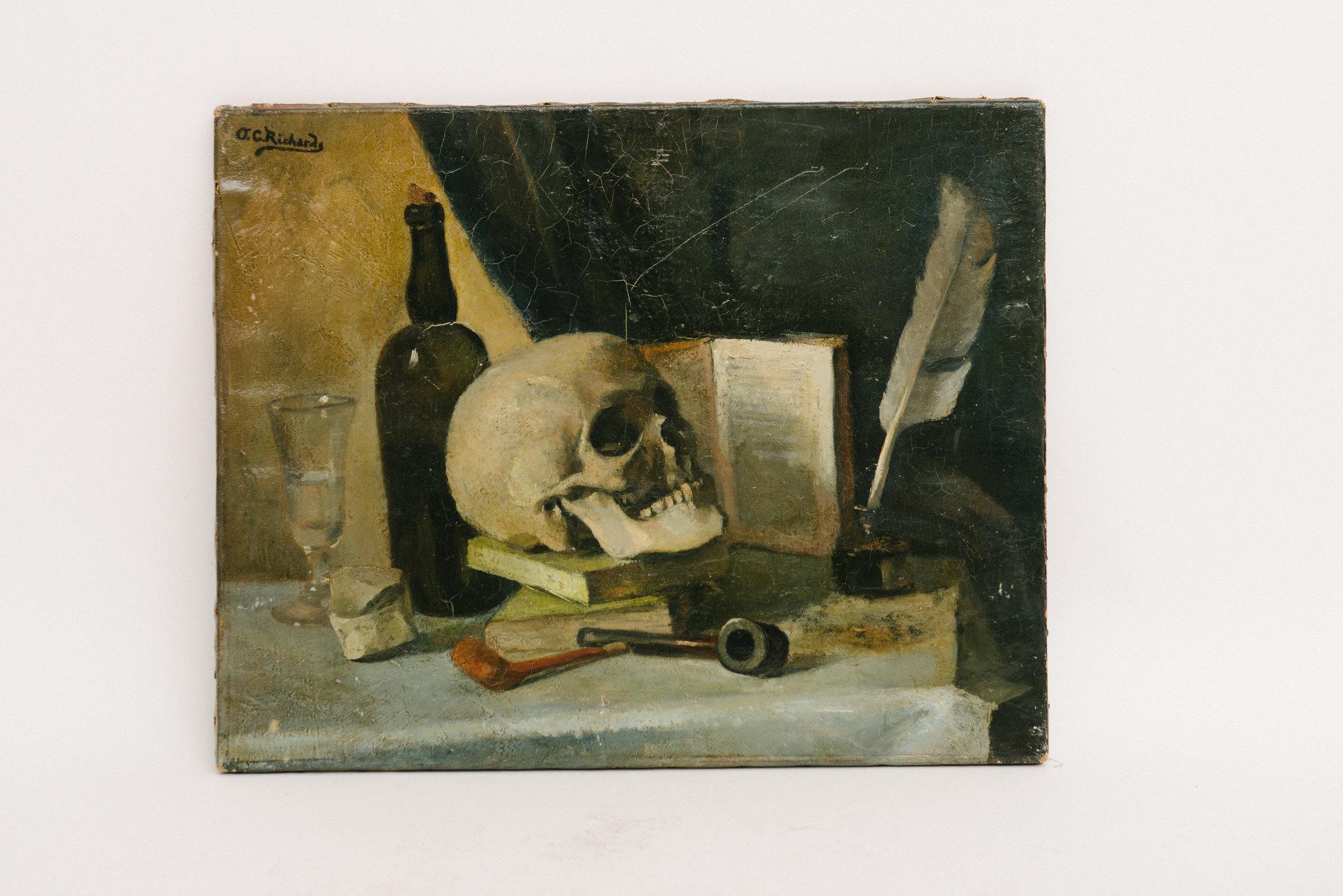 19th Century Signed Orren C. Richard Skull Still Life Oil Painting In Excellent Condition For Sale In Houston, TX