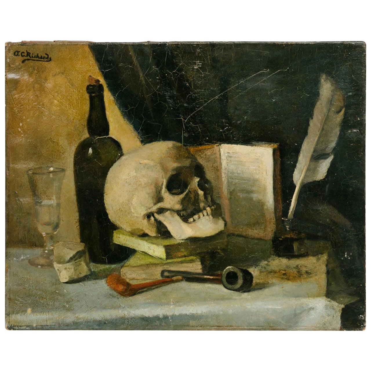 19th Century Signed Orren C. Richard Skull Still Life Oil Painting
