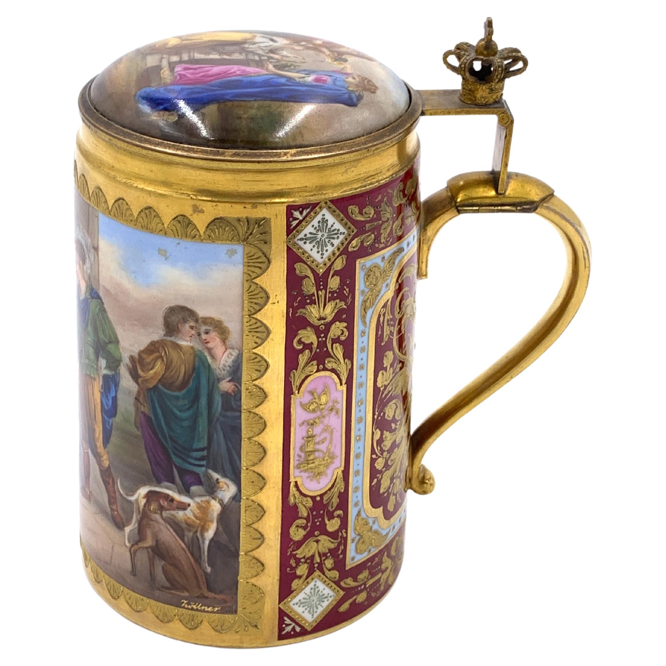 Tankard Royal Vienna signé du 19ème siècle avec couvercle