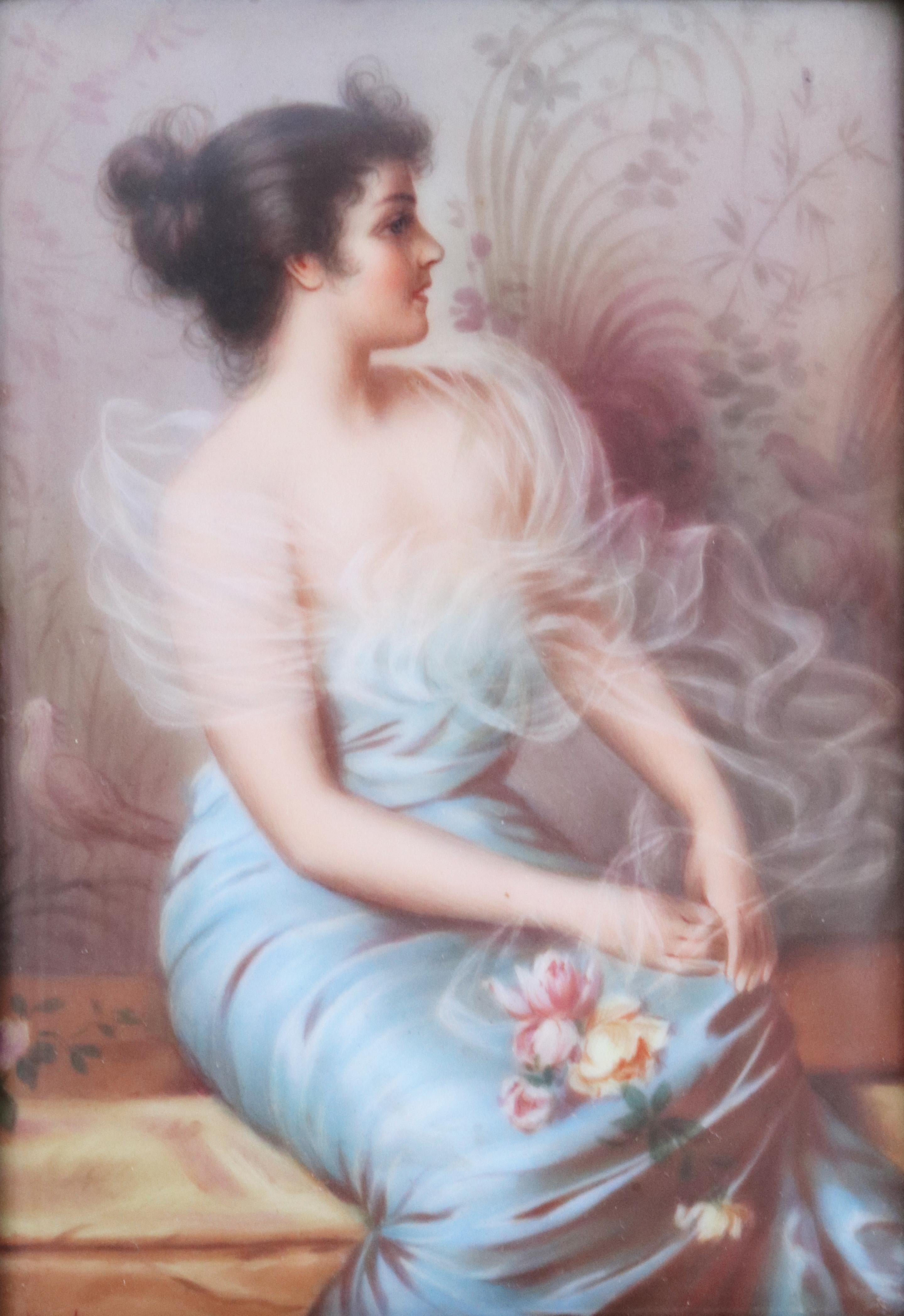 19. Jahrhundert signiertes Wiener glasiertes Porzellan Damenportrait mit Rahmen.