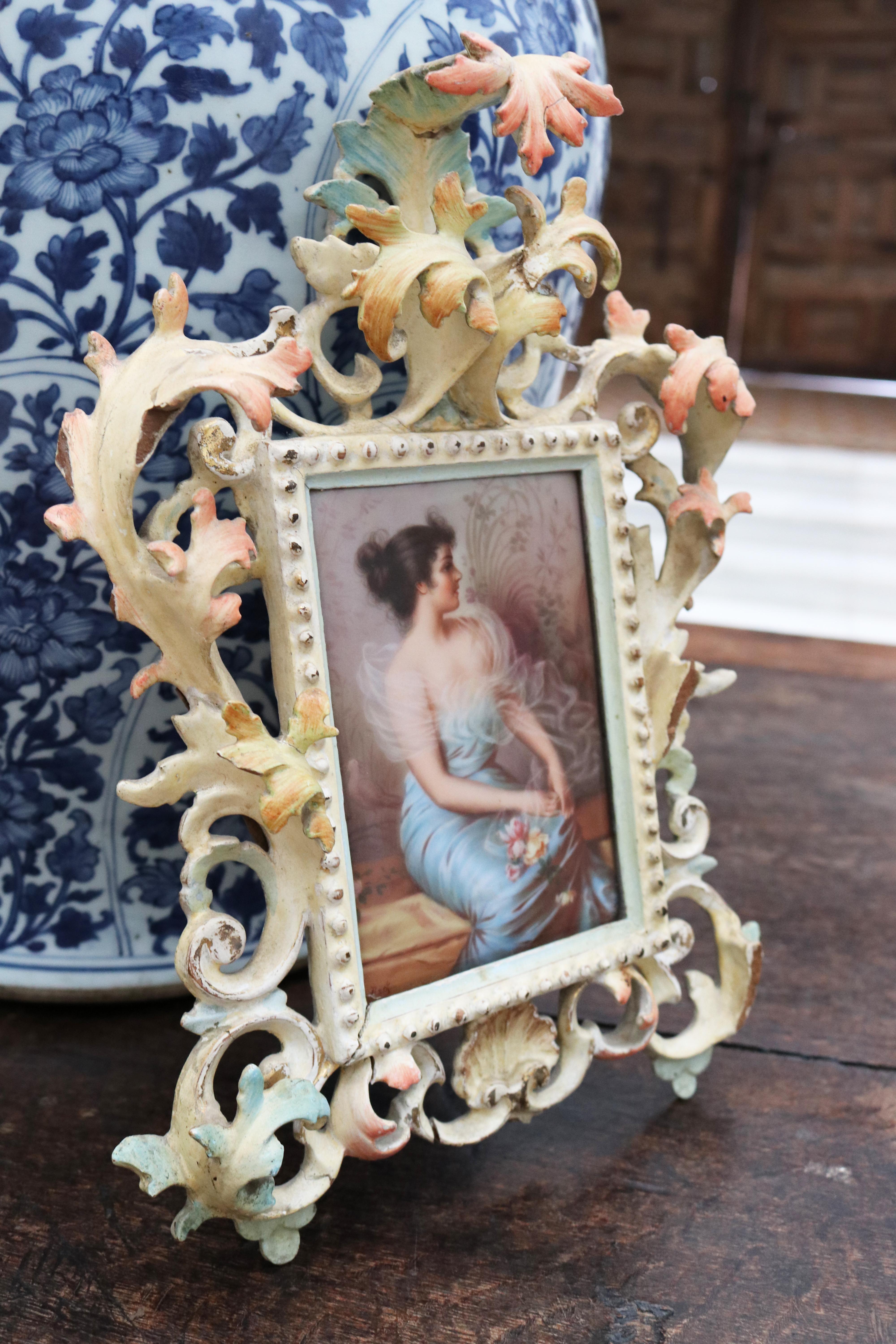 Austrian 19th Century Signed Viennese Glazed Porcelain Lady Portrait with Frame For Sale