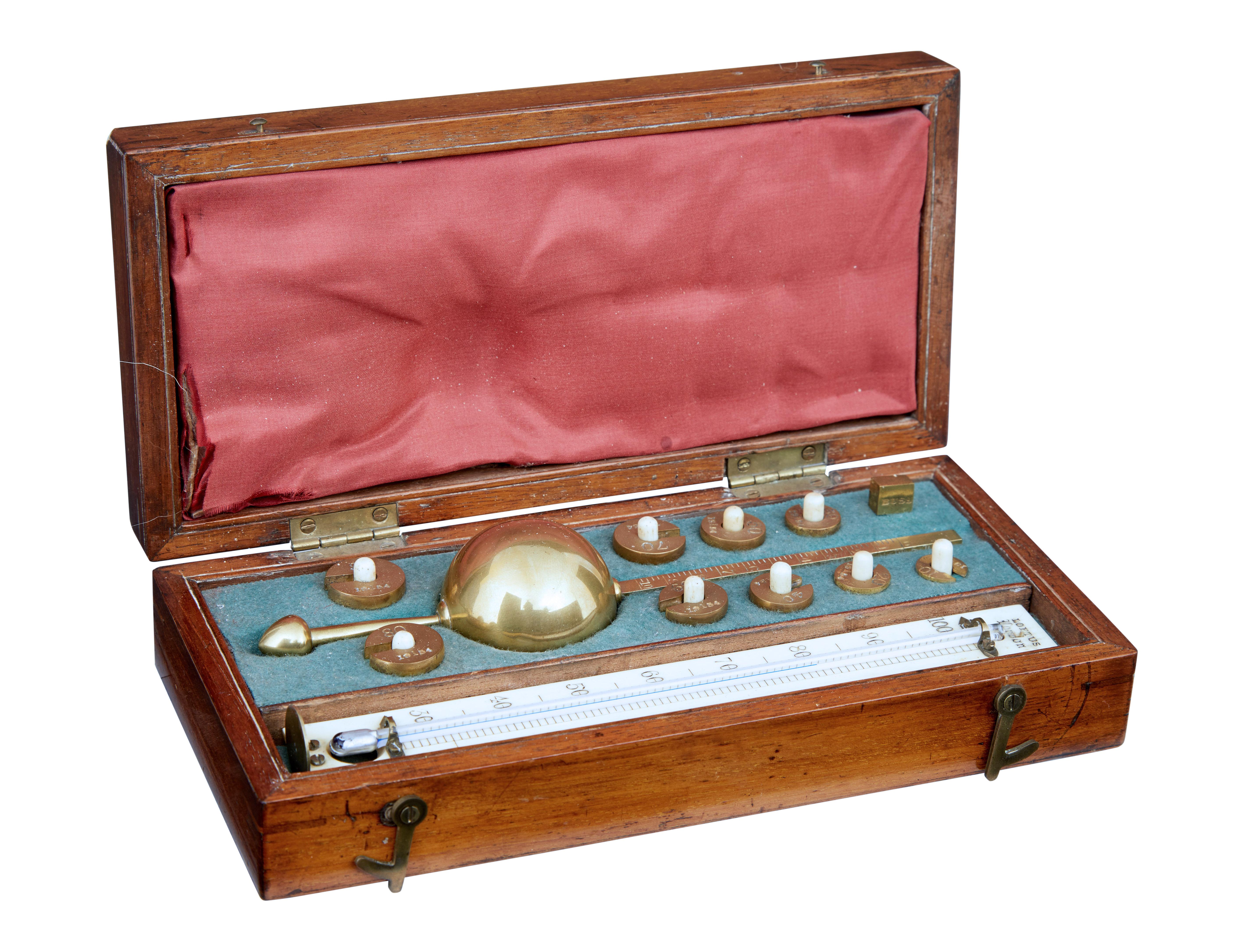 Good quality Victorian Sikes scientific measuring set.

Presented in original mahogany case with bone cartouche buss 33 hatton garden london, also with a secondary cartouche of it being re-adjusted by w.R loftus ltd of 18 tottenham court