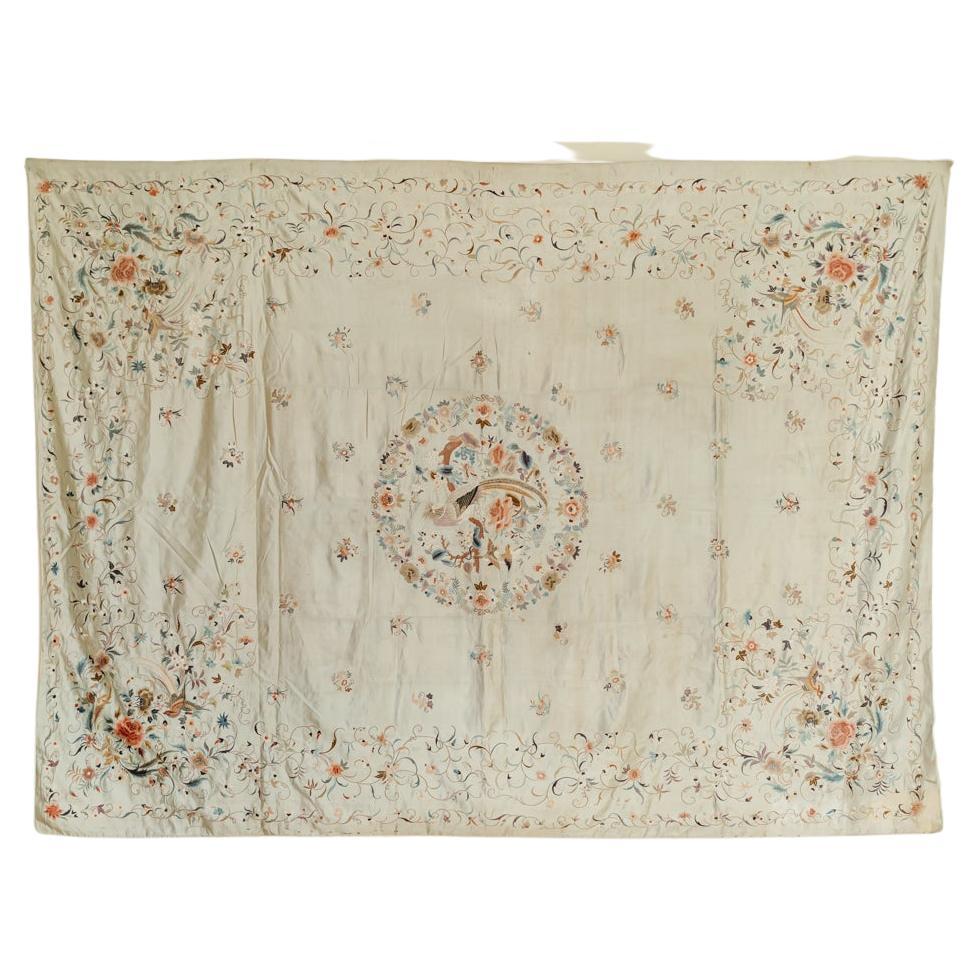 Totally in love with this French silk embroidered cloth/throw, the colors are so beautiful, in very good condition seen its age .. on the wall, on the table, on the bed, on the sofa, you can use it everywhere.