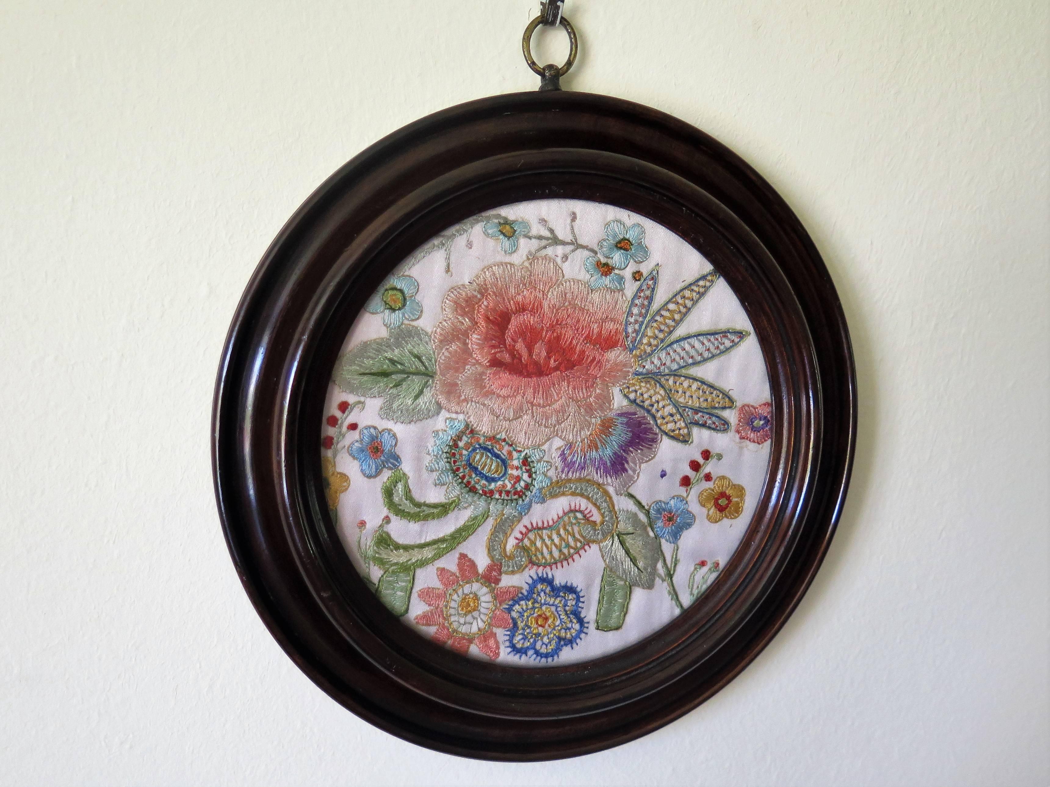 Victorian 19th Century Picture of Silk Embroidered Needlepoint in Original Hardwood Frame For Sale