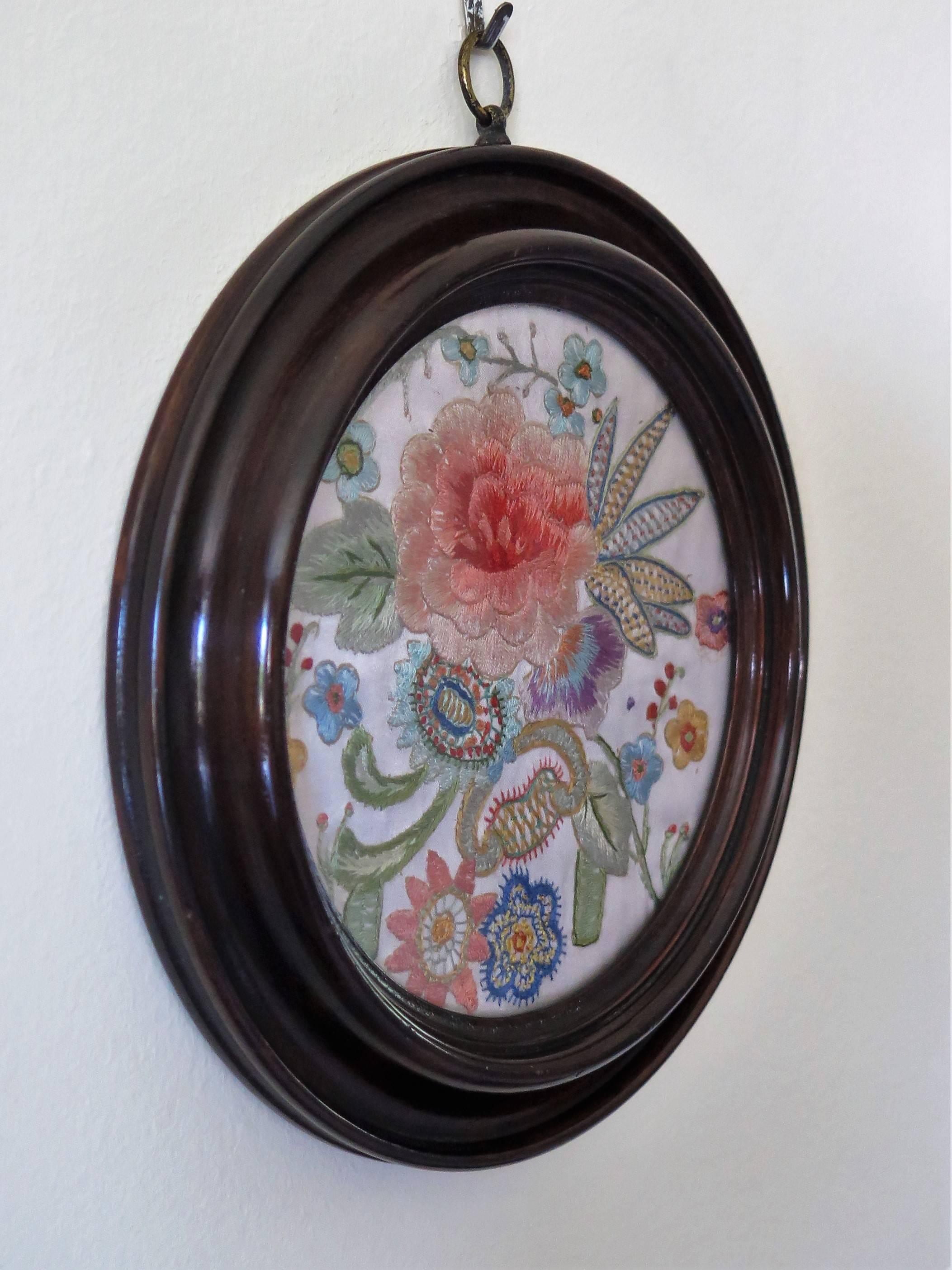 Glass 19th Century Picture of Silk Embroidered Needlepoint in Original Hardwood Frame For Sale