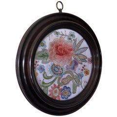 Used 19th Century Silk Embroidered Needlepoint Panel in Original Hardwood Round Frame