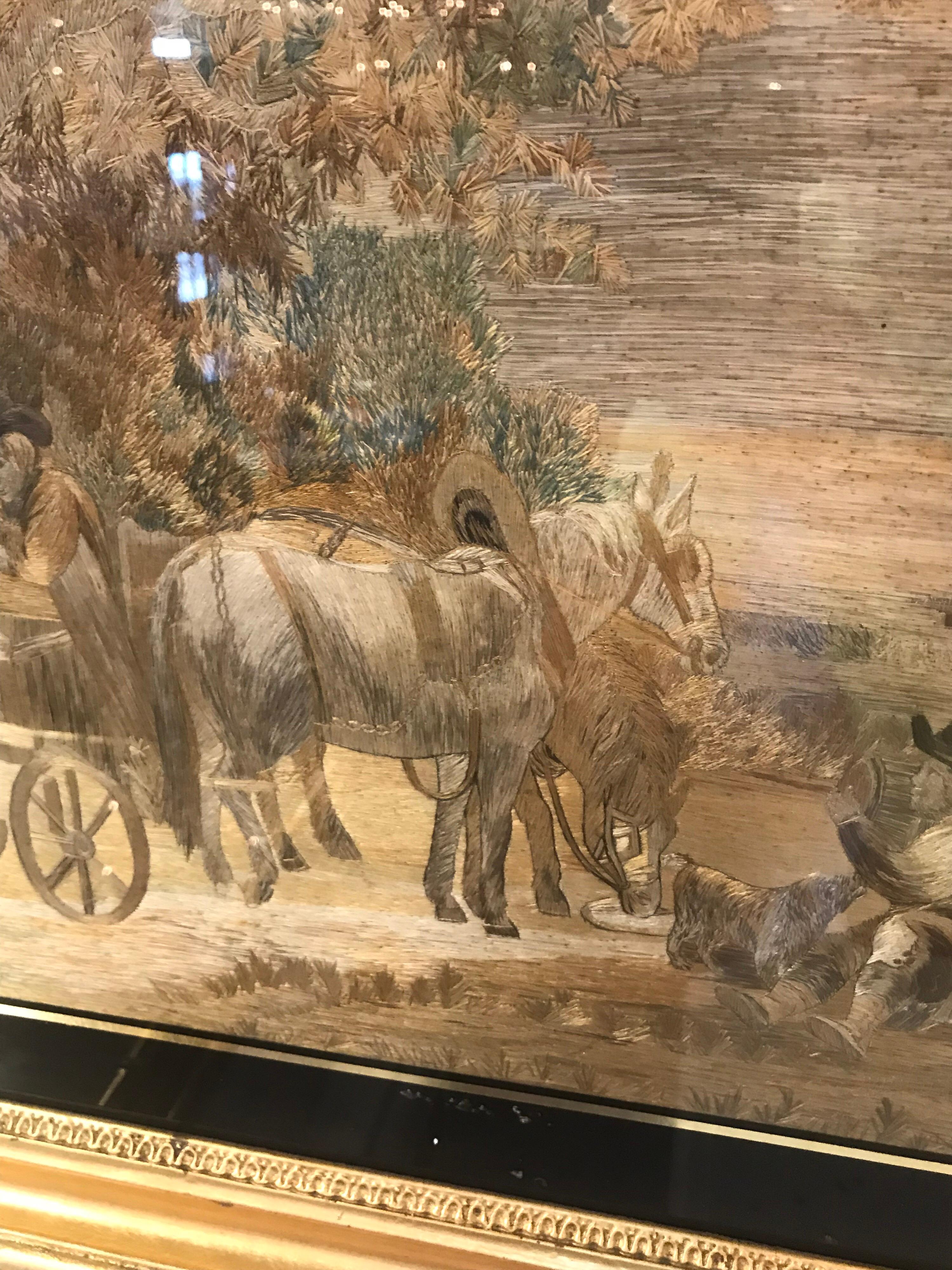 broderie en soie avec cadre en or doré du XIXe siècle Bon état - En vente à Dallas, TX