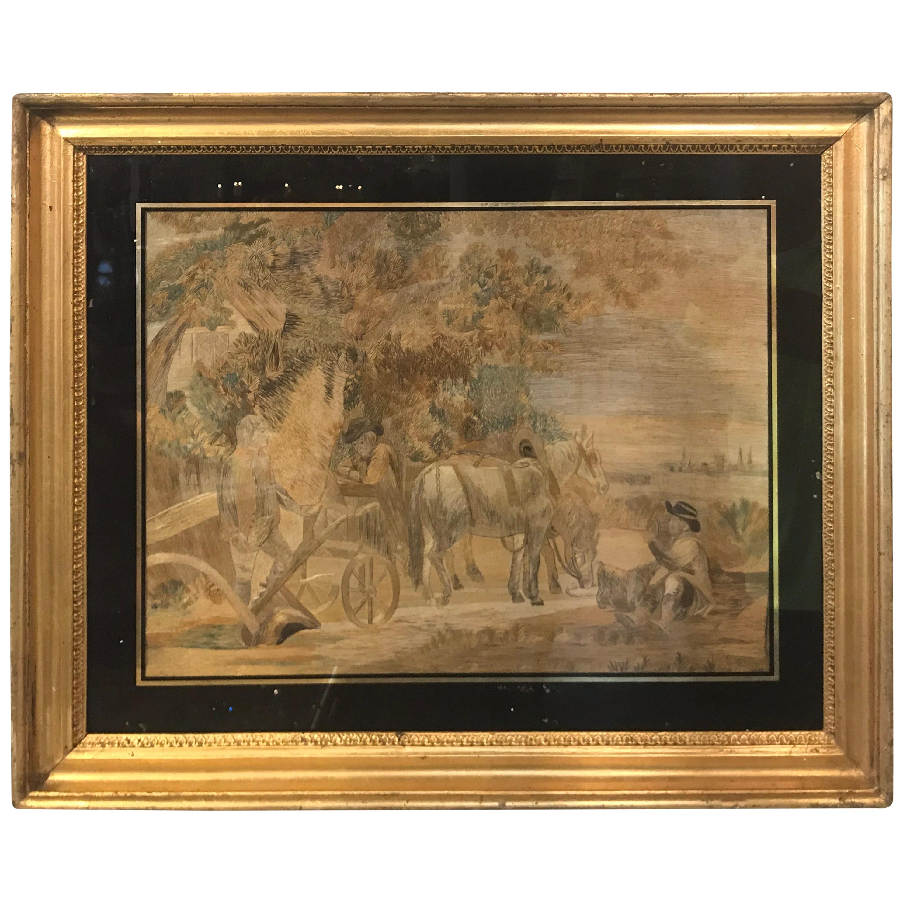 19th Century Silk Embroidery in Gold Gilt Frame For Sale