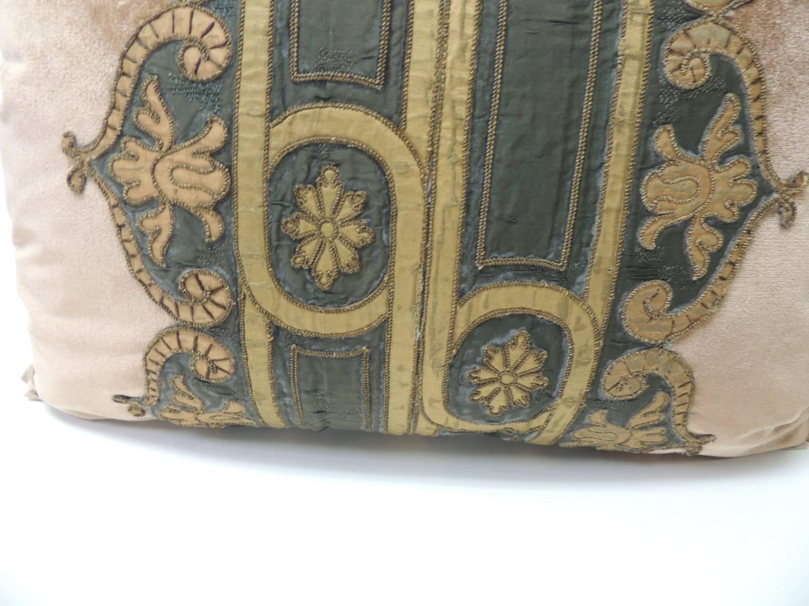 Regency 19th Century Silk Golden Velvet with French Silk Woven Ribbon Decorative Pillow