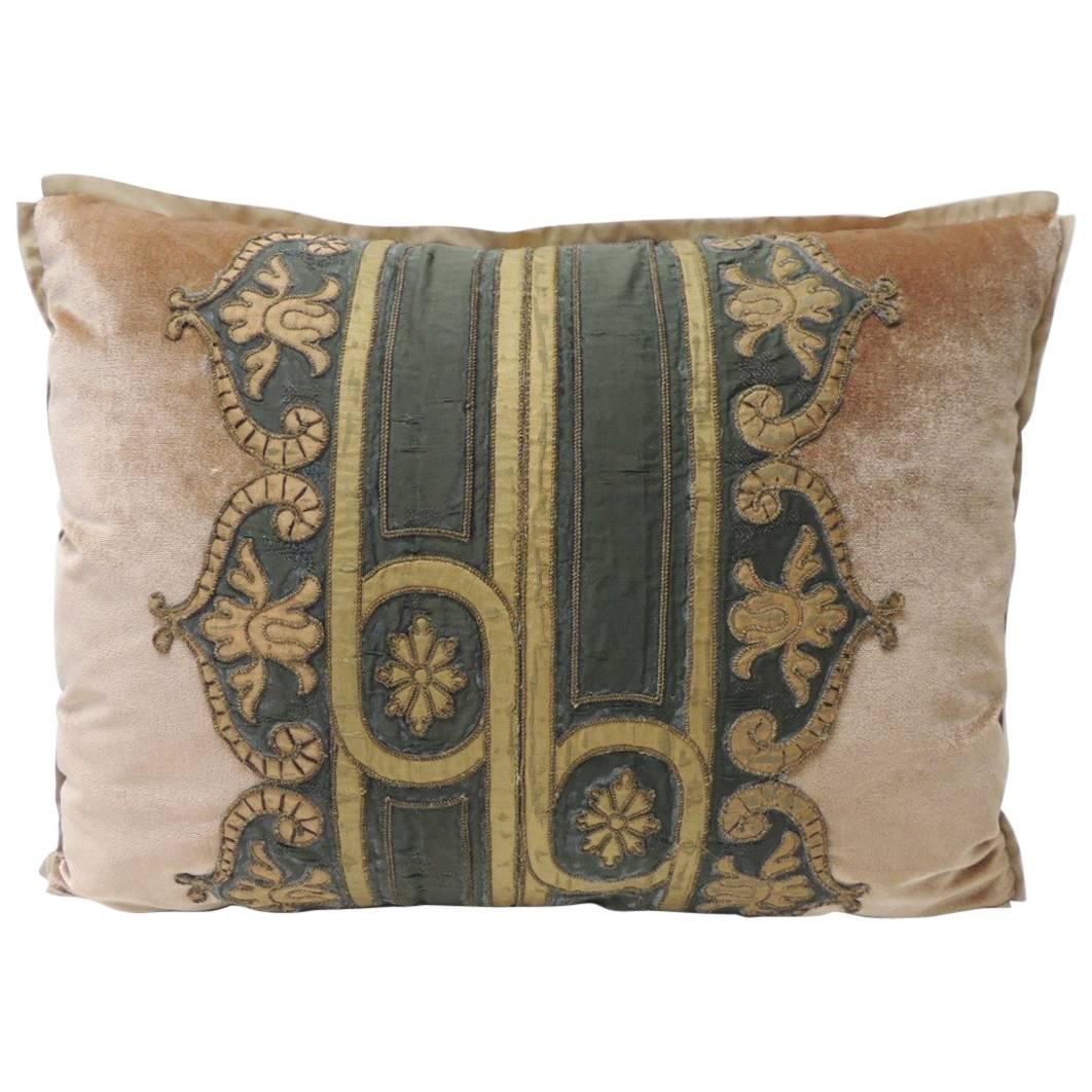 19th Century Silk Golden Velvet with French Silk Woven Ribbon Decorative Pillow