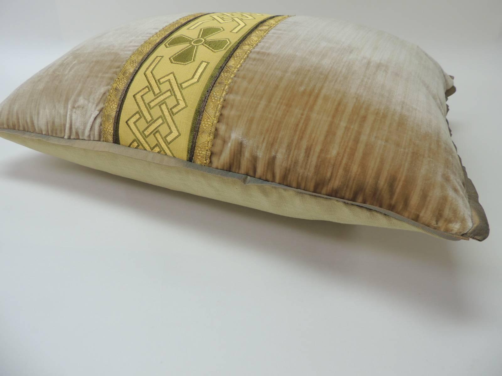Regency 19th Century Silk Golden Velvet with French Silk Woven Ribbon Throw Pillow