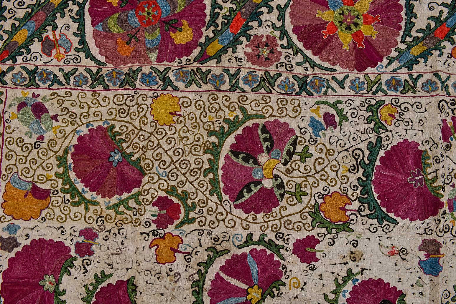 Canvas  Rare Silk Embroidered Antique Suzani from Private Collection For Sale