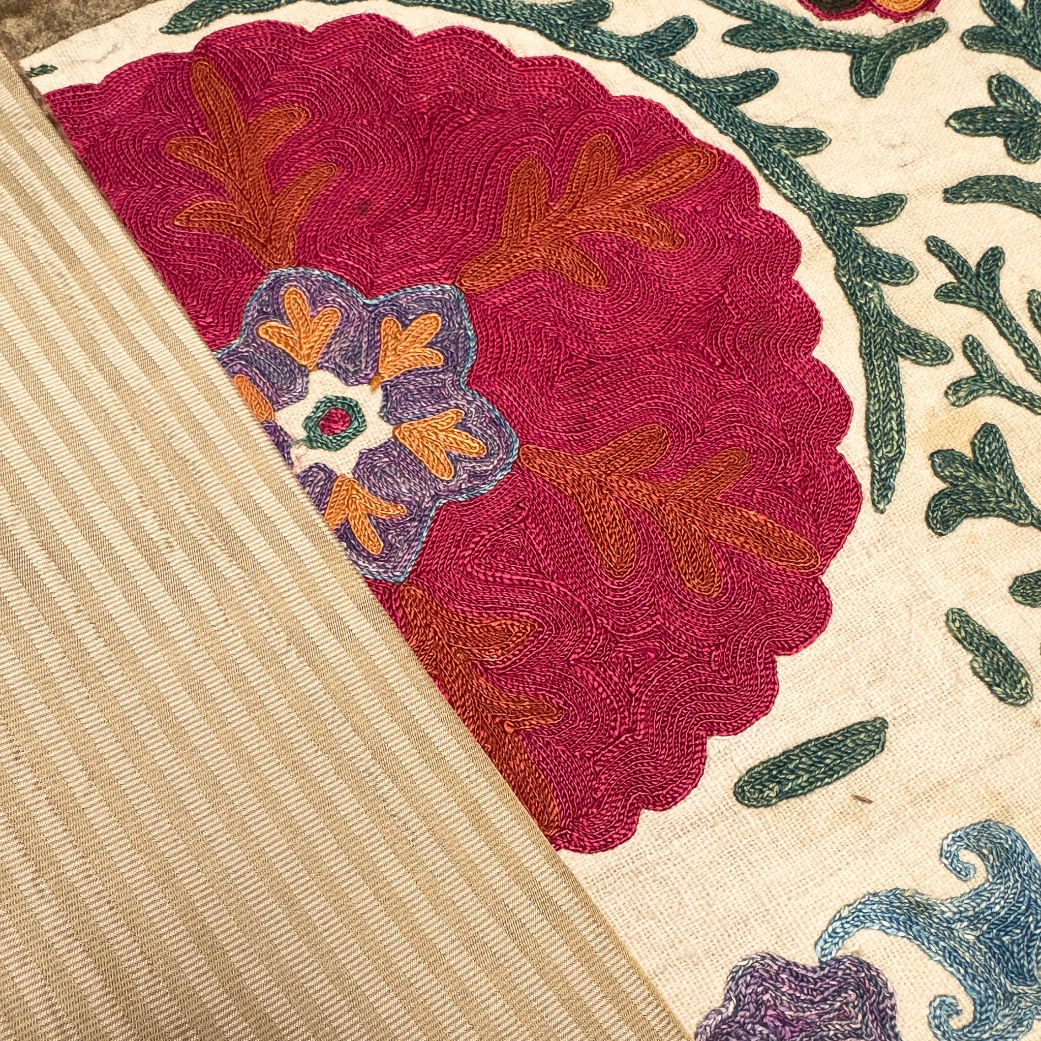Ricamato 19th-Century Silk Suzani Pillow from Bukhara with Velvet Trim in vendita