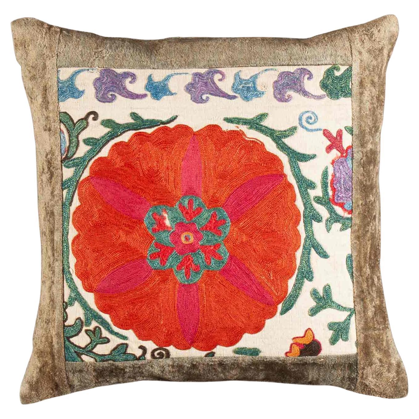 19th-Century Silk Suzani Pillow from Bukhara with Velvet Trim