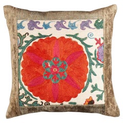 19th-Century Silk Suzani Pillow from Bukhara with Velvet Trim