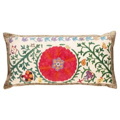 19th-Century Silk Suzani Pillow from Bukhara with Velvet Trim