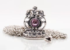 19th Century Silver & Amethyst Watch Fob & Mesh Watch Chain