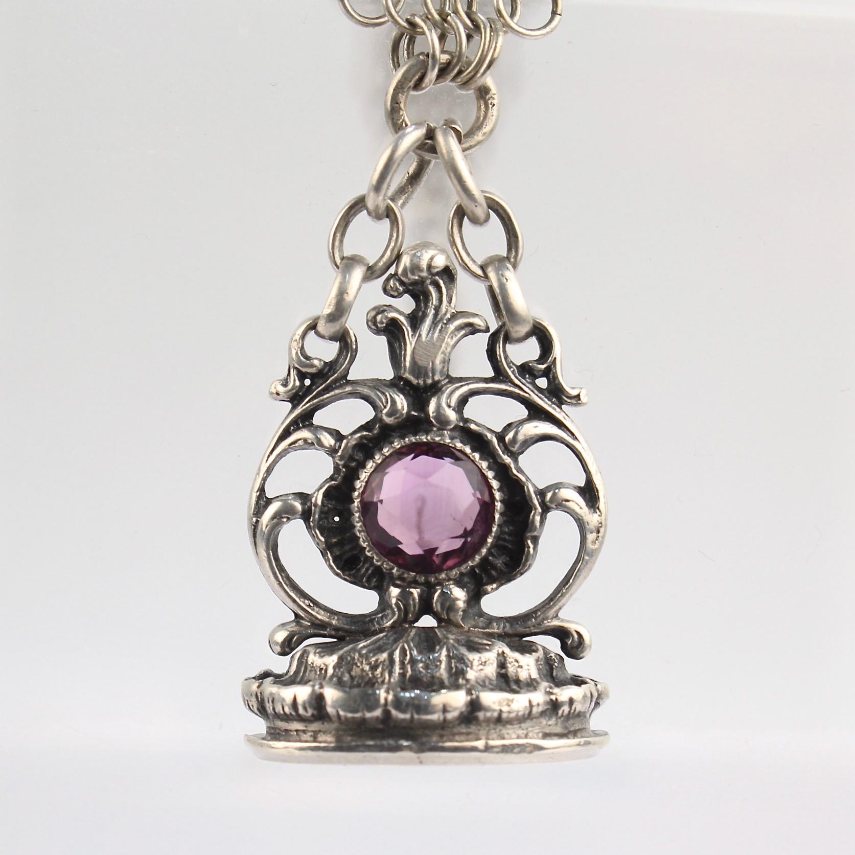 Victorian 19th Century Silver & Amethyst Watch Fob & Mesh Watch Chain For Sale
