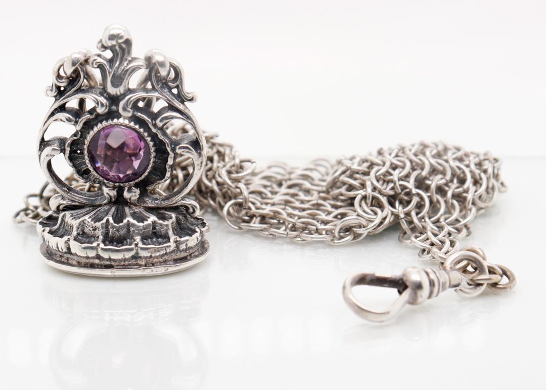 19th Century Silver & Amethyst Watch Fob & Mesh Watch Chain In Good Condition For Sale In Philadelphia, PA