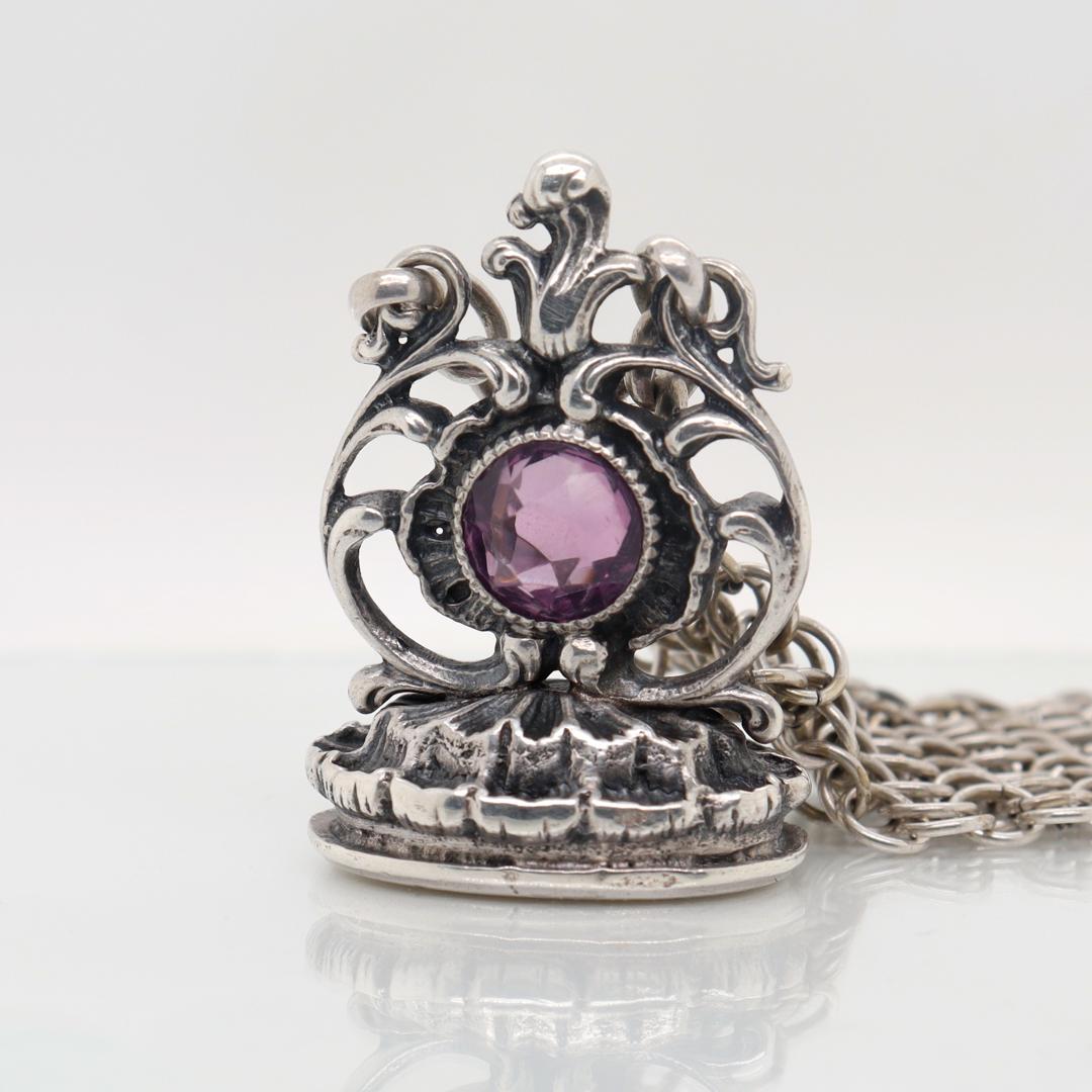 Women's or Men's 19th Century Silver & Amethyst Watch Fob & Mesh Watch Chain For Sale