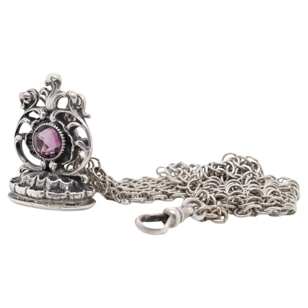 19th Century Silver & Amethyst Watch Fob & Mesh Watch Chain For Sale